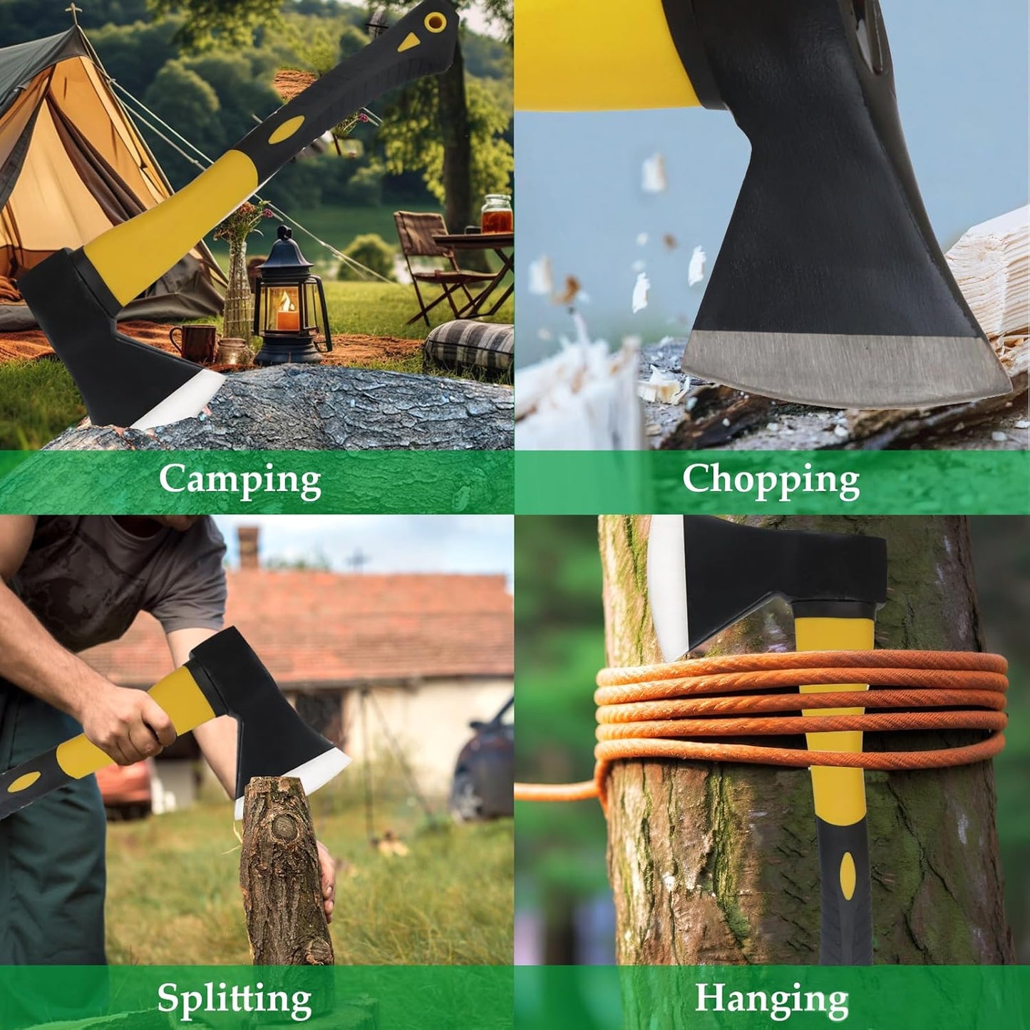 Wood Axe With Sheath - Camping Hatchet for Chopping and Splitting, Outdoor Bushcraft Tool for Hiking, Gardening, Throwing - Anti-Slip Handle (Yellow)