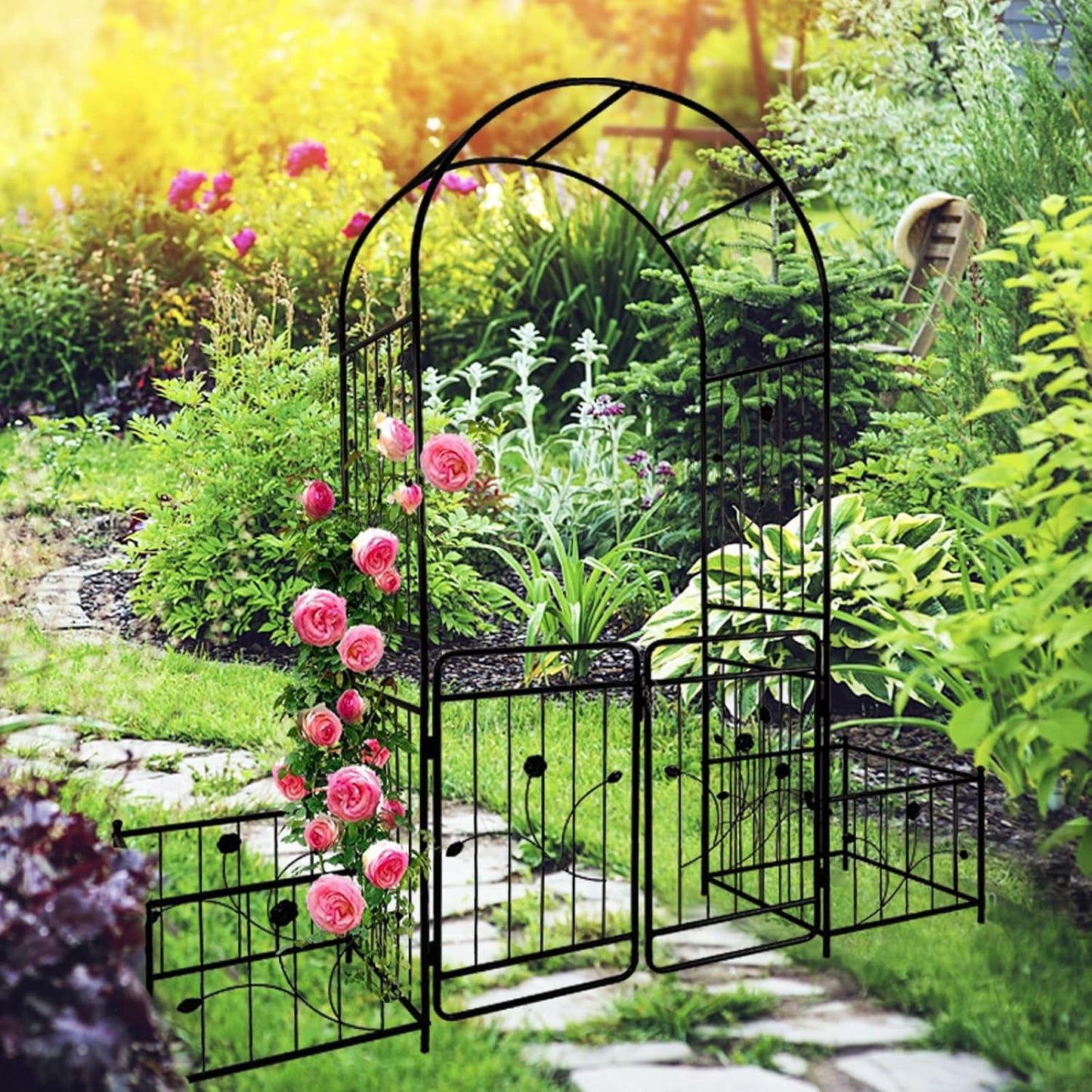 Metal Garden Arbor Arch with Gate and Plant Box Climbing Plants Outdoor Plant Support Rose 86.6''H Arch Outdoor Lawn Wedding Party Events Archway, Black