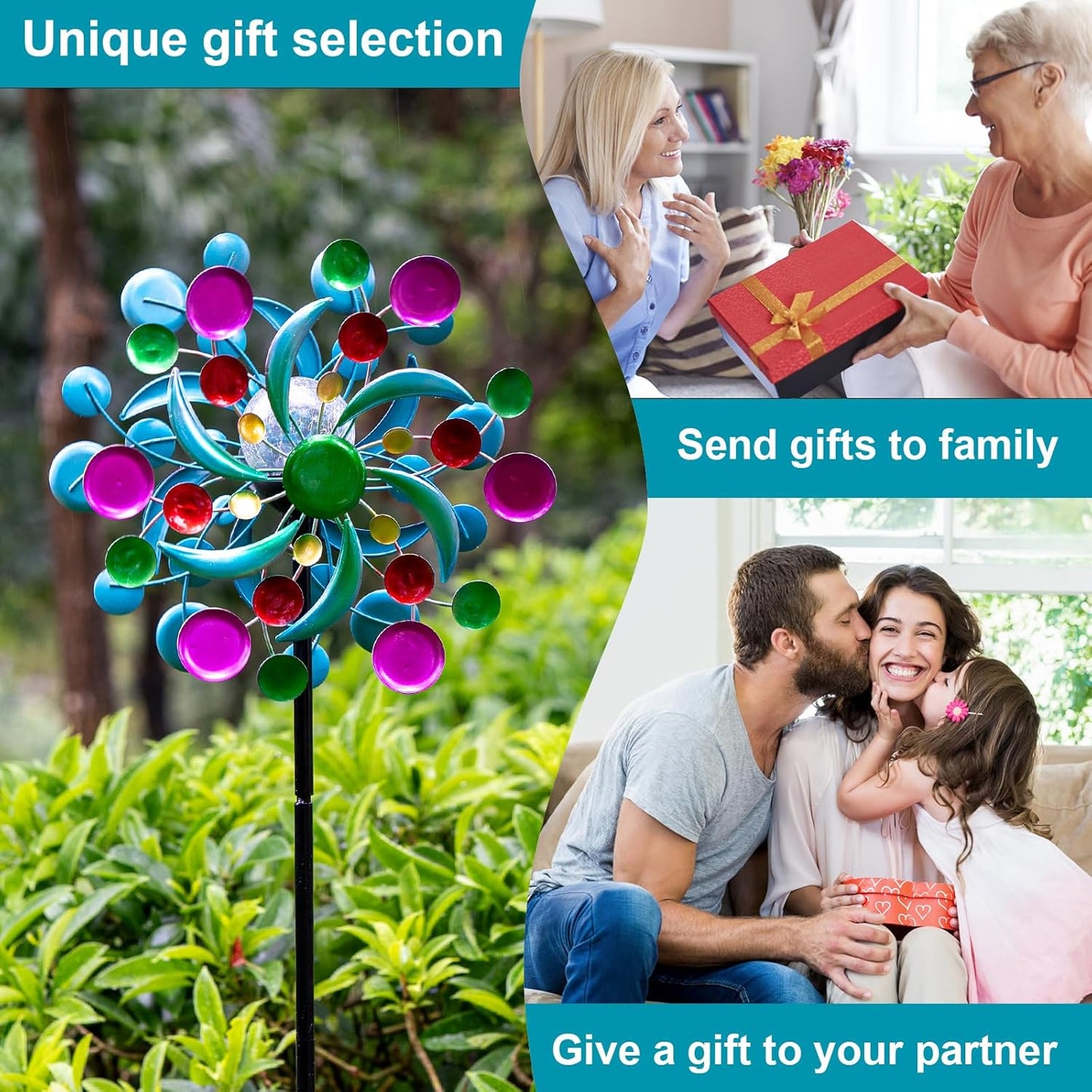 360° Wind Spinners Outdoor with Solar Lights Colorful Dots Garden Decor Yard Lawn Art Decor for Patio Kinetic Windmills 60.63'' H x 13.38'' Dia Unique Gifts for Friends and Family