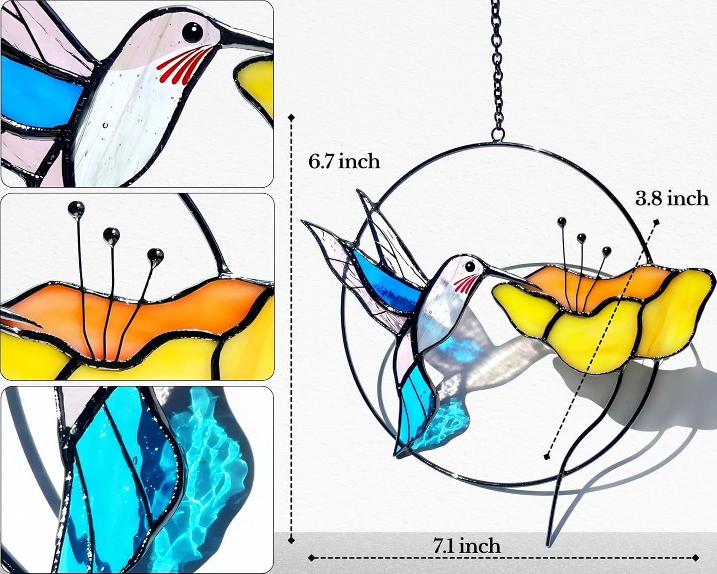 Hummingbird Stained Glass Bird Suncatcher for Mom, Grandma, Women - Real Glass Window Hanging Ornament - Handmade Crafts for Bird Lover (Gifts Ready Packaging)