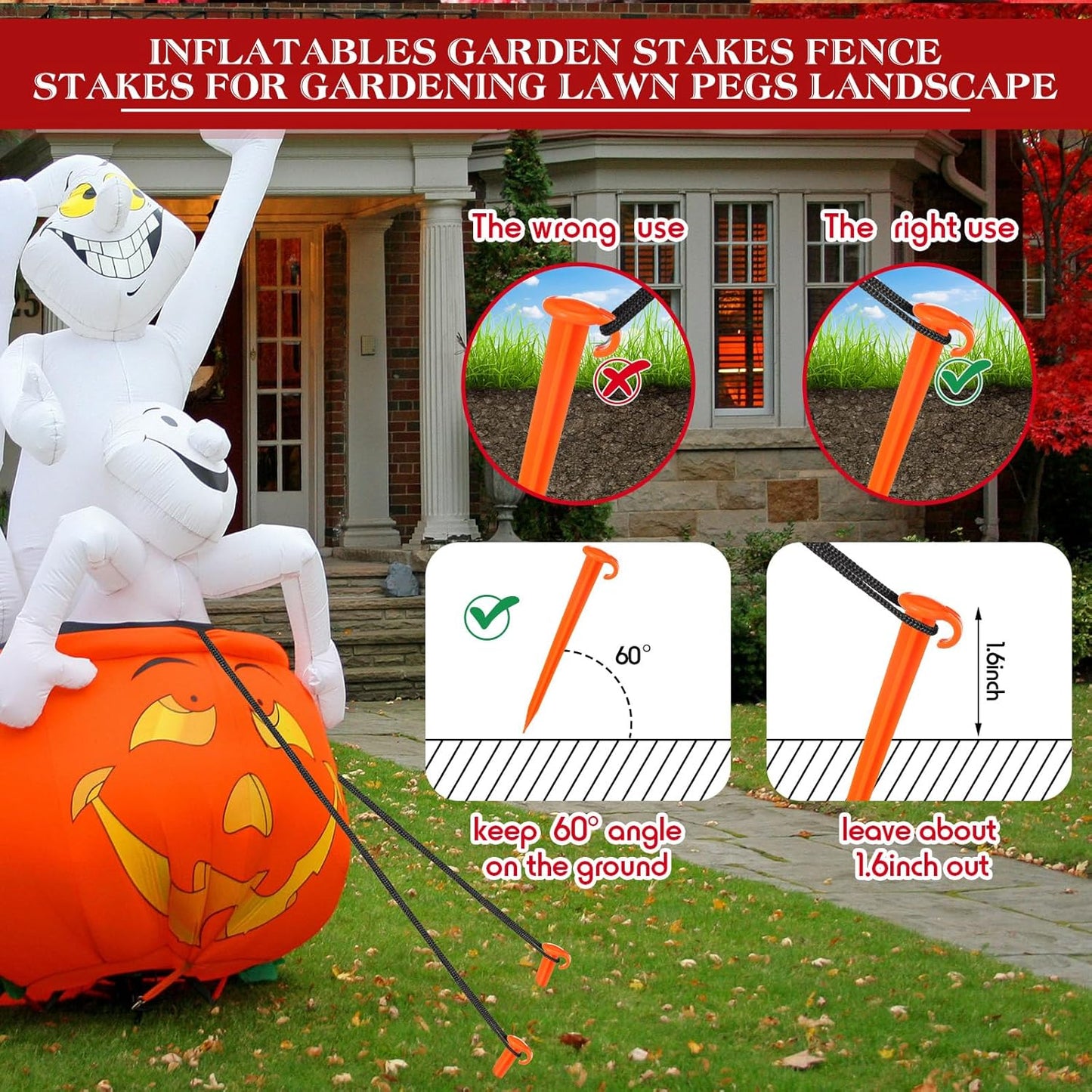 Vicenpal 24 Pcs 7 Inch Plastic Yard Stakes Inflatables Heavy Duty Plastic Garden Stakes for Tent Ground Replacement Outdoor Fence Lawn Pegs Landscape Staples Halloween Christmas Decorations (Orange)