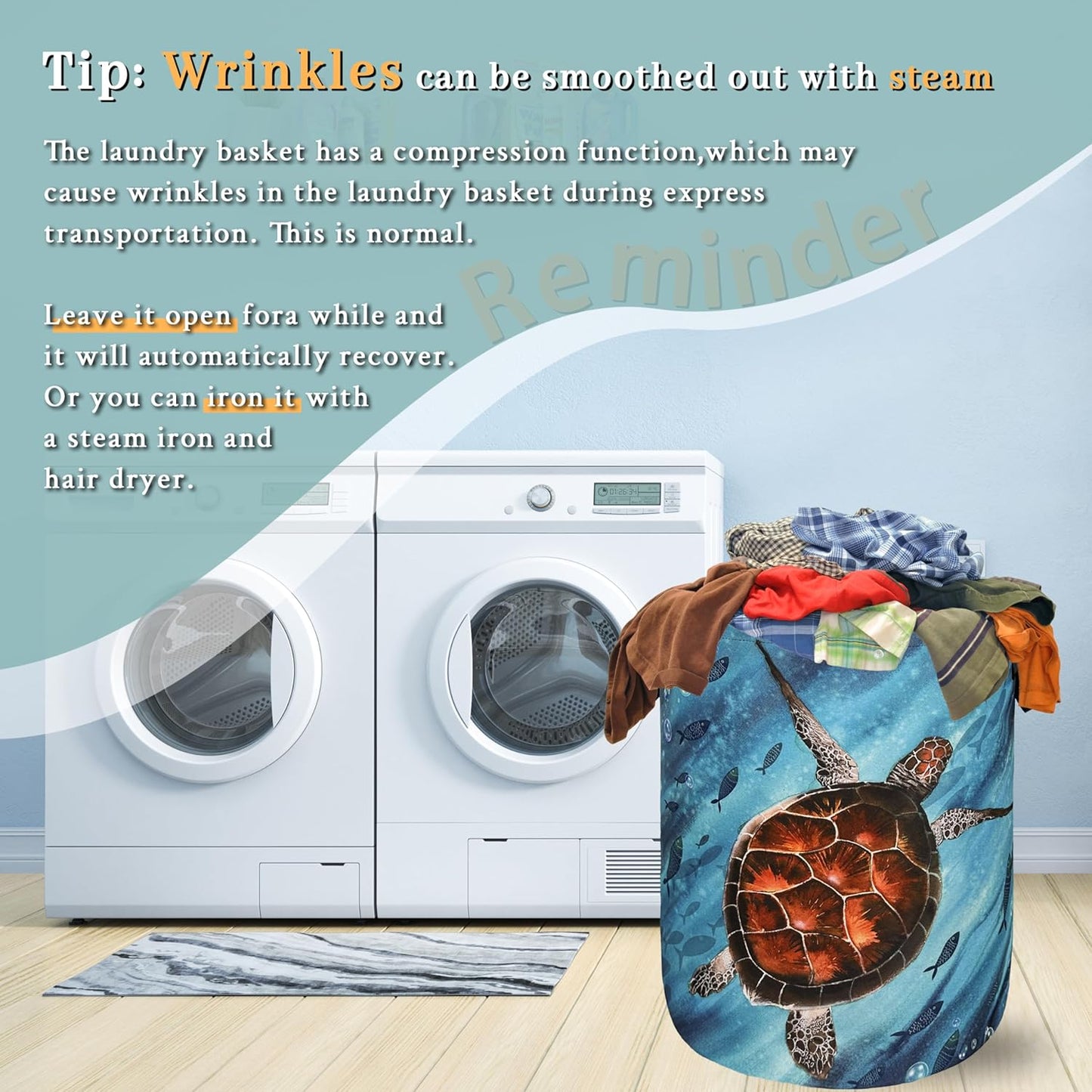 Sea Turtle Laundry Basket Foldable With Handles Watercolor Turtles Tote Bag Oxford Cloth Colorful Animal Laundry Hamper Clothes Toy Storage Bucket For Bathroom/Laundry/Bedroom 18.9"x 16.5 "