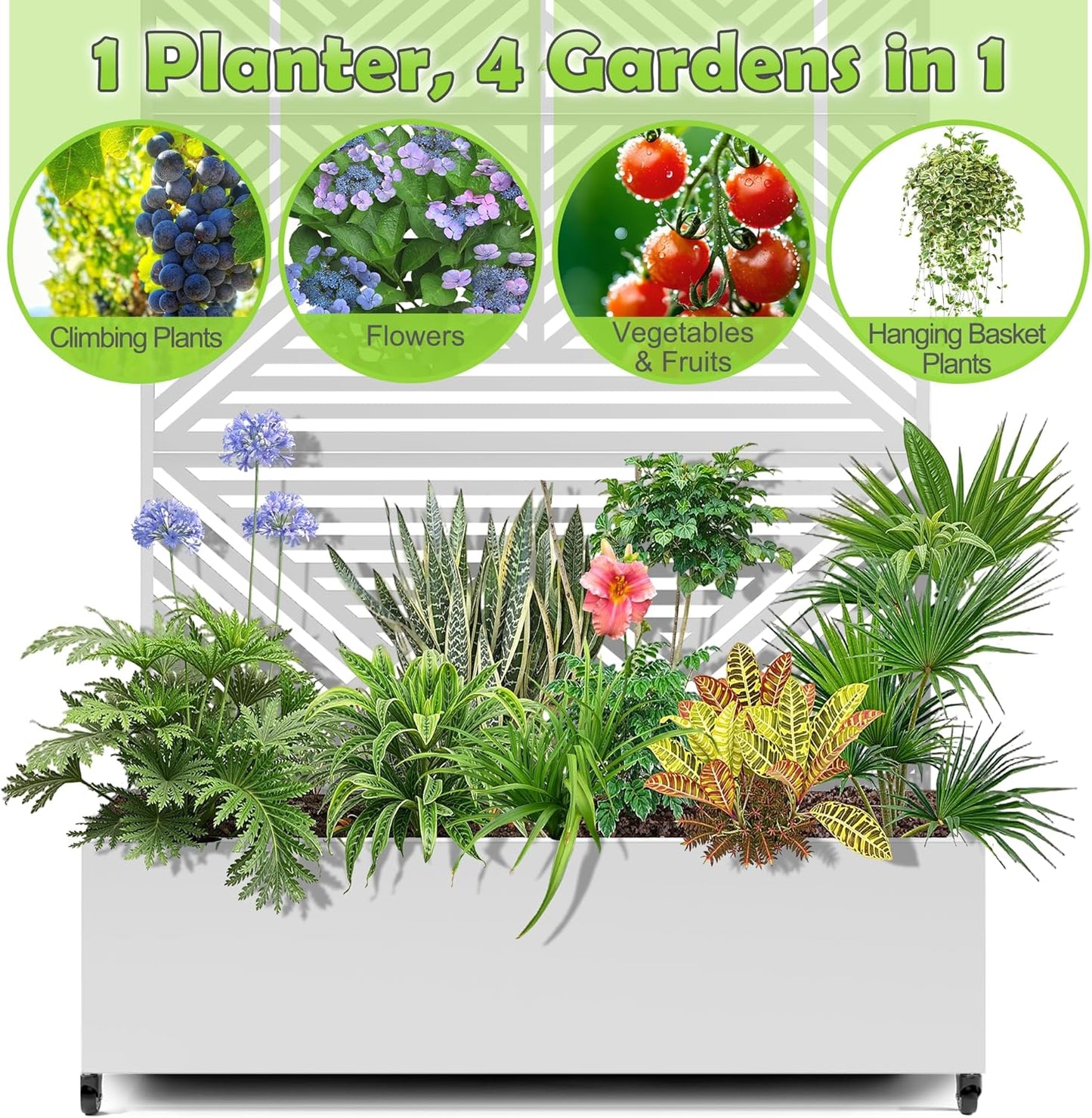 15.7"×70.9"×47.2" Metal Raised Garden Bed with Trellis and Wheels - Tall Trellis Planter Box for Climbing Plants, Vegetables & Vines - Outdoor Privacy Planters for Patio (White-Zodiac)