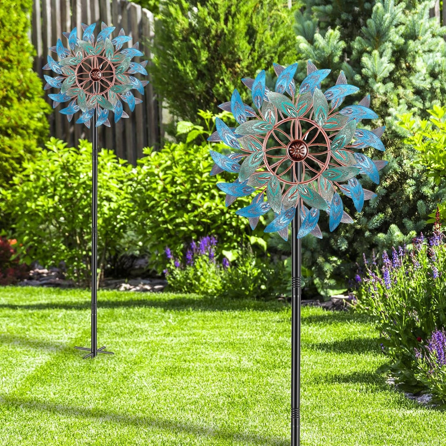 66 Inch Metal Outdoor Wind Spinner, 2-Way Wind Sculpture Spinner with Metal Stake, Waterproof 360 Degrees Kinetic Windmill Art Decoration for Patio Garden Lawn (A- Vintage Blue)