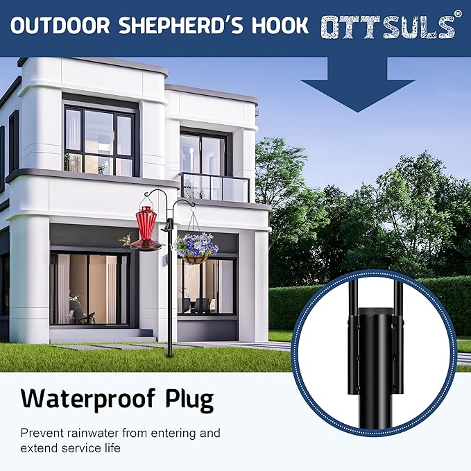 Ottsuls Bird Feeder Pole, 2 Pack 108 INCH Double Shepherds Hooks for Outdoor, Garden Pole with 5 Base Prongs Heavy Duty Planter Hooks for Hanging Plant Baskets, Lantern, Hummingbird Feeder