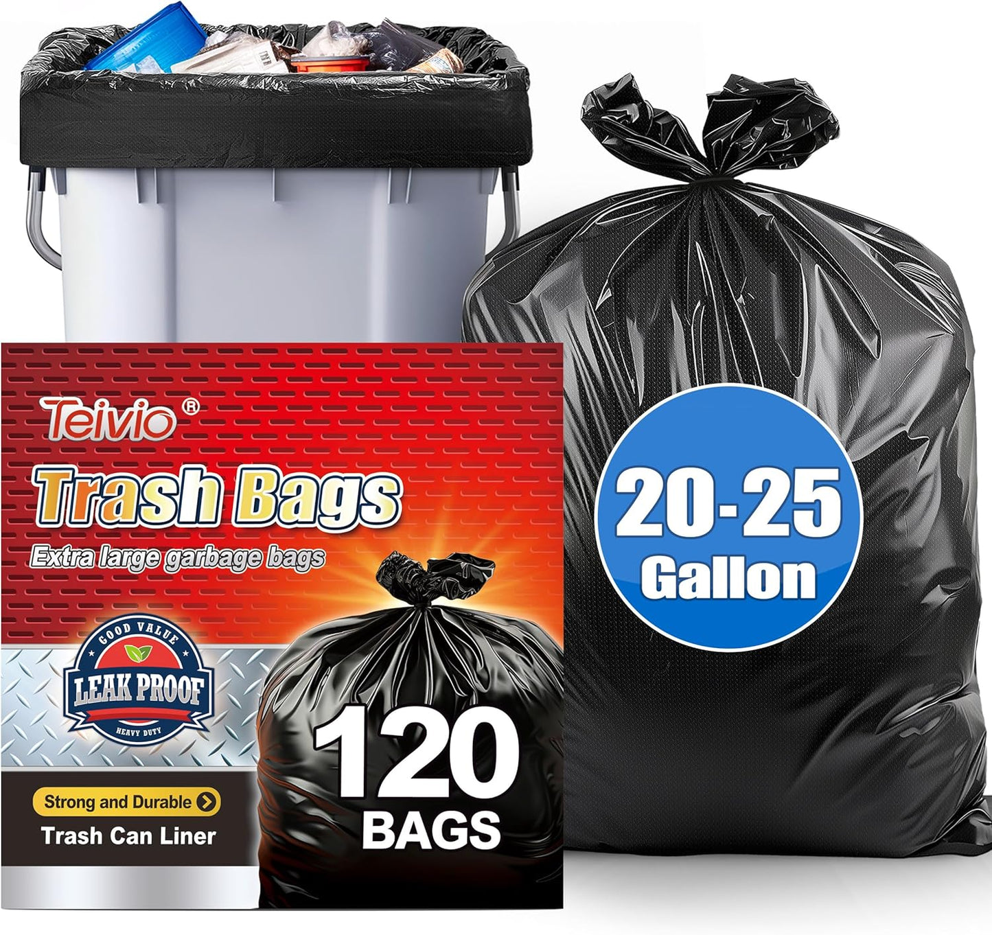 Teivio 20-25 Gallon 120 Counts Heavy Duty Large Trash Bags Garbage Bags, outdoor trash bags liners for Kitchen/Yard/Industrial or Commercial Use,fit for 18, 20,21, 23 and 25 gallon, Black