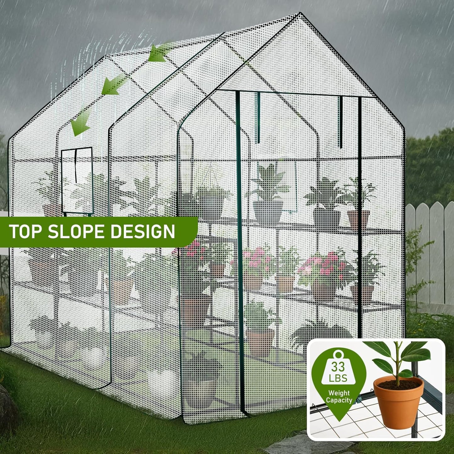 Outvita Walk-in Greenhouse, Outdoor Durable PE Plant Green House for Frost Protection with 3 Tiers 12 Shelves, Shelf Clips, Roll-up Zipper Door, 56"x85"x77" White
