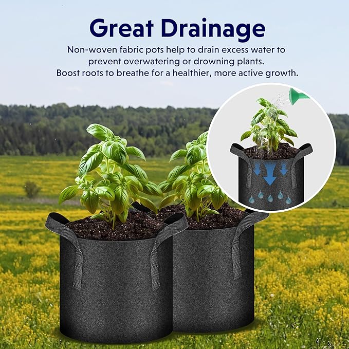 iPower 5-Pack 2 Gallon Plant Grow Bags Thickened Nonwoven Aeration Fabric Pots Heavy Duty Durable Container, Strap Handles for Garden, Black