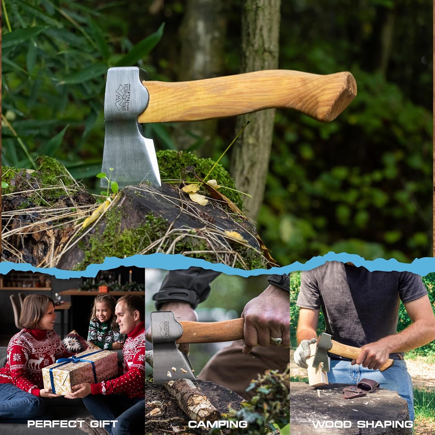 Prandi Segurin Hatchet 88 lb - Hickory Handle 11 in with Leather String - Ideal for Camping, Travel and Bushcraft - Made in Italy