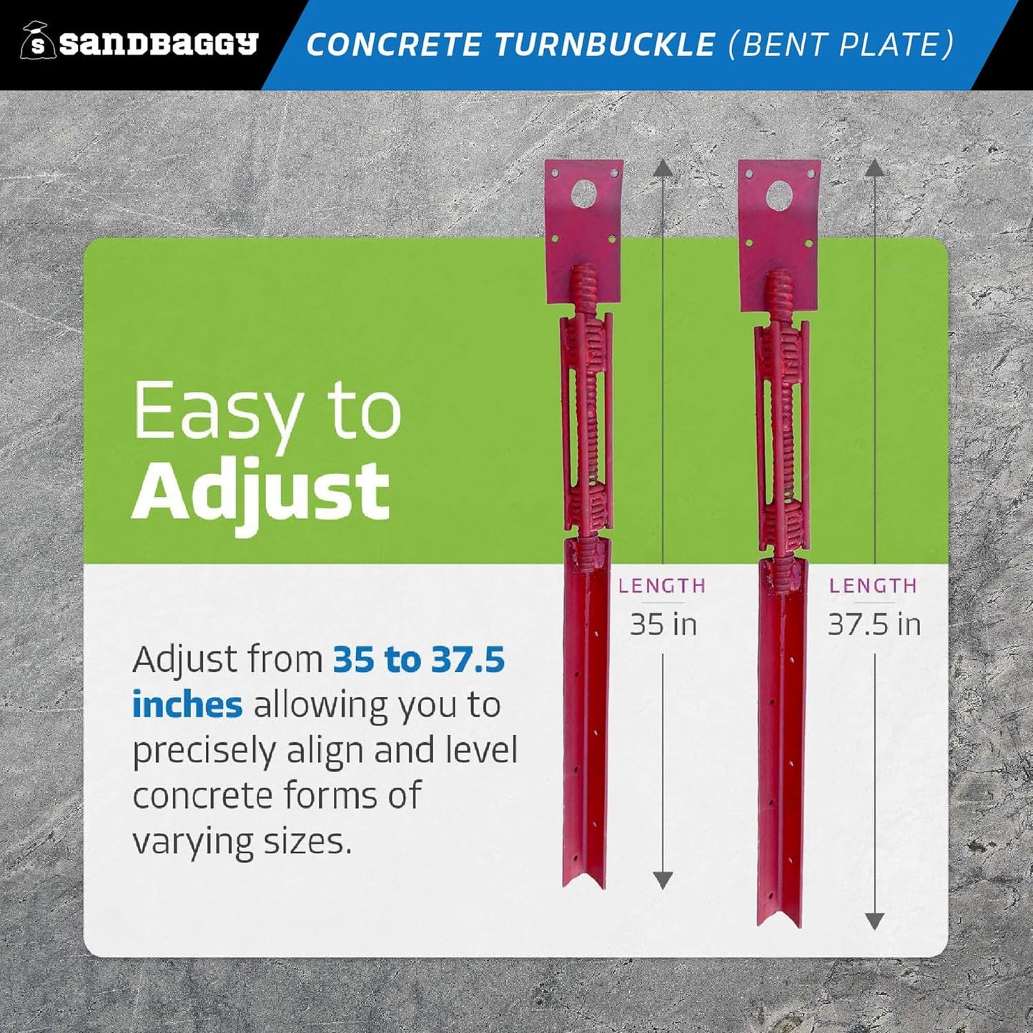 Sandbaggy Concrete Turnbuckle Form Aligner with 5" x 3" Bent Plate (35" - 37.5" Length) - Rust Resistant Steel - Adjustable Wall Brace - Aligns & Plumbs Form Walls, Columns, or Beams (35 inches, 15)