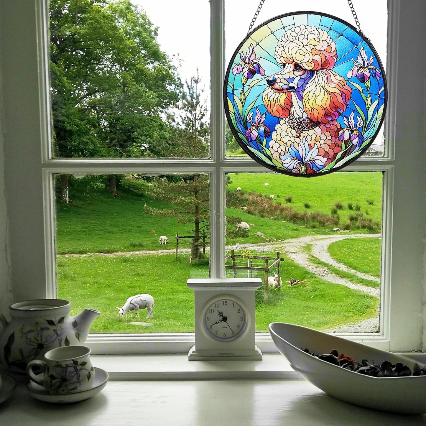 Stained Glass Dog Memorial Suncatcher,Poodle Window Hanging,Sympathy Gifts for Pet Loss,7.9 inch/20 cm Home and Garden Decor for Dog Lovers (Poodle)