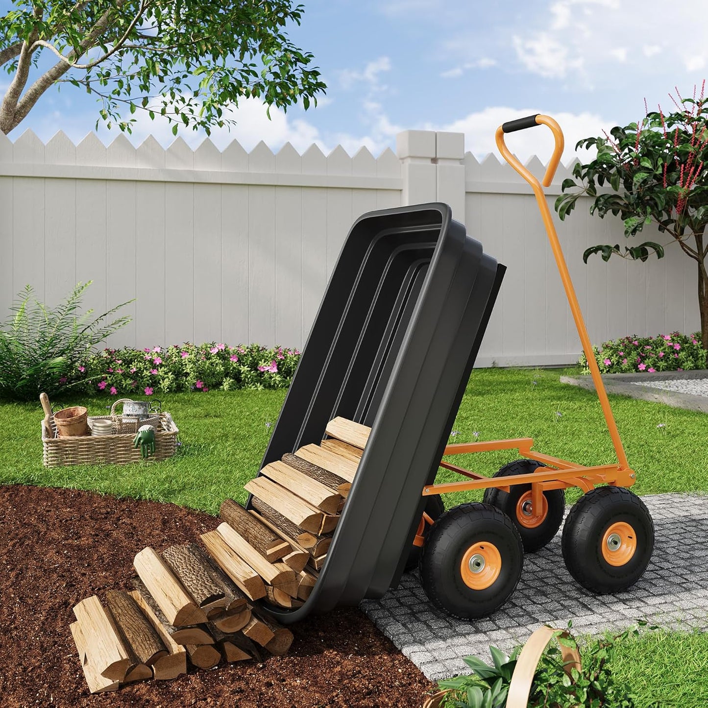Garden Dump Cart, 6 Cu.Ft. 1200Lbs Garden Cart, Heavy-Duty 4 Wheel Wheelbarrow Yard Cart with 13-Inch All-Terrain Wheels, Features A Quick-Release Tipping Function, for Courtyards, Farm, Gardening