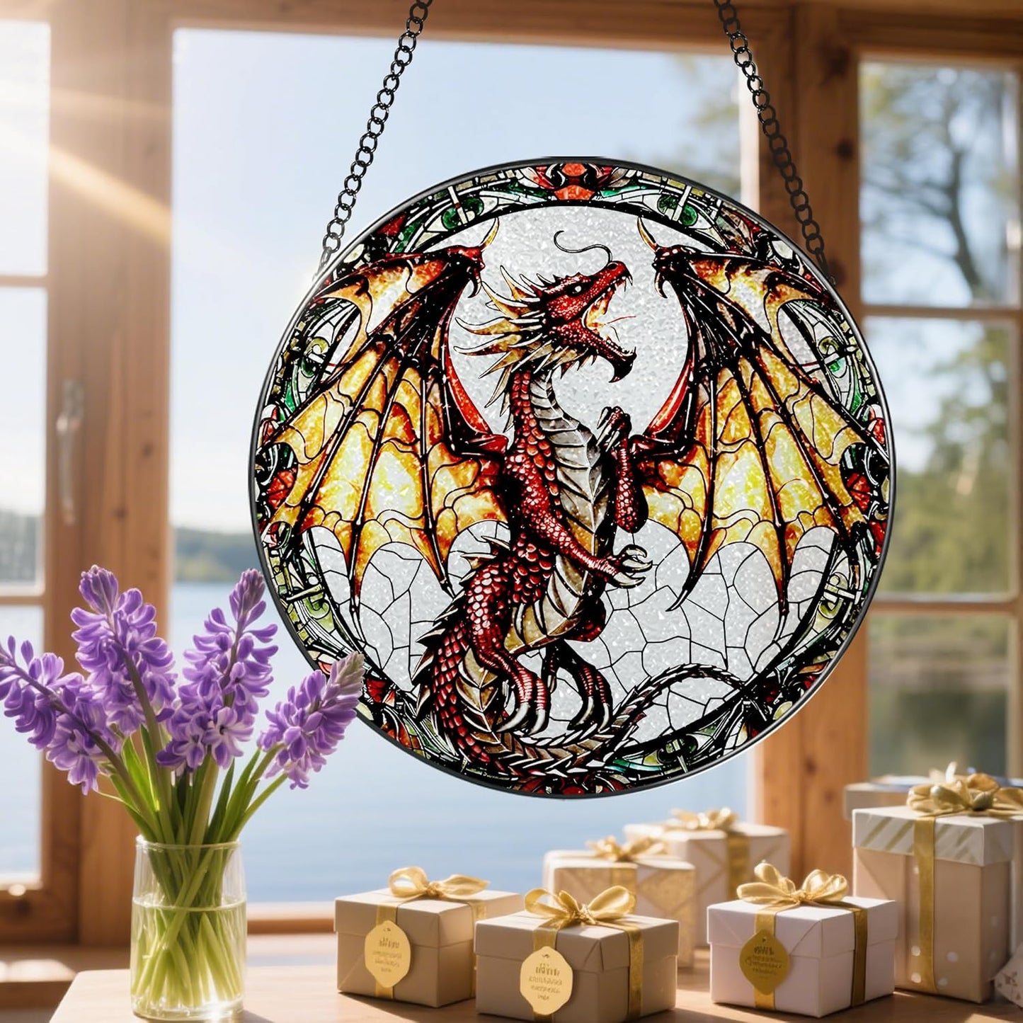 Stained Glass Window Hanging, 8 Inch Dragon Suncatcher Stained Glass, Suncatchers for Windows Hanging, Sun Catchers Indoor Window, Dragon Themed Gifts, Gifts for Men, Women