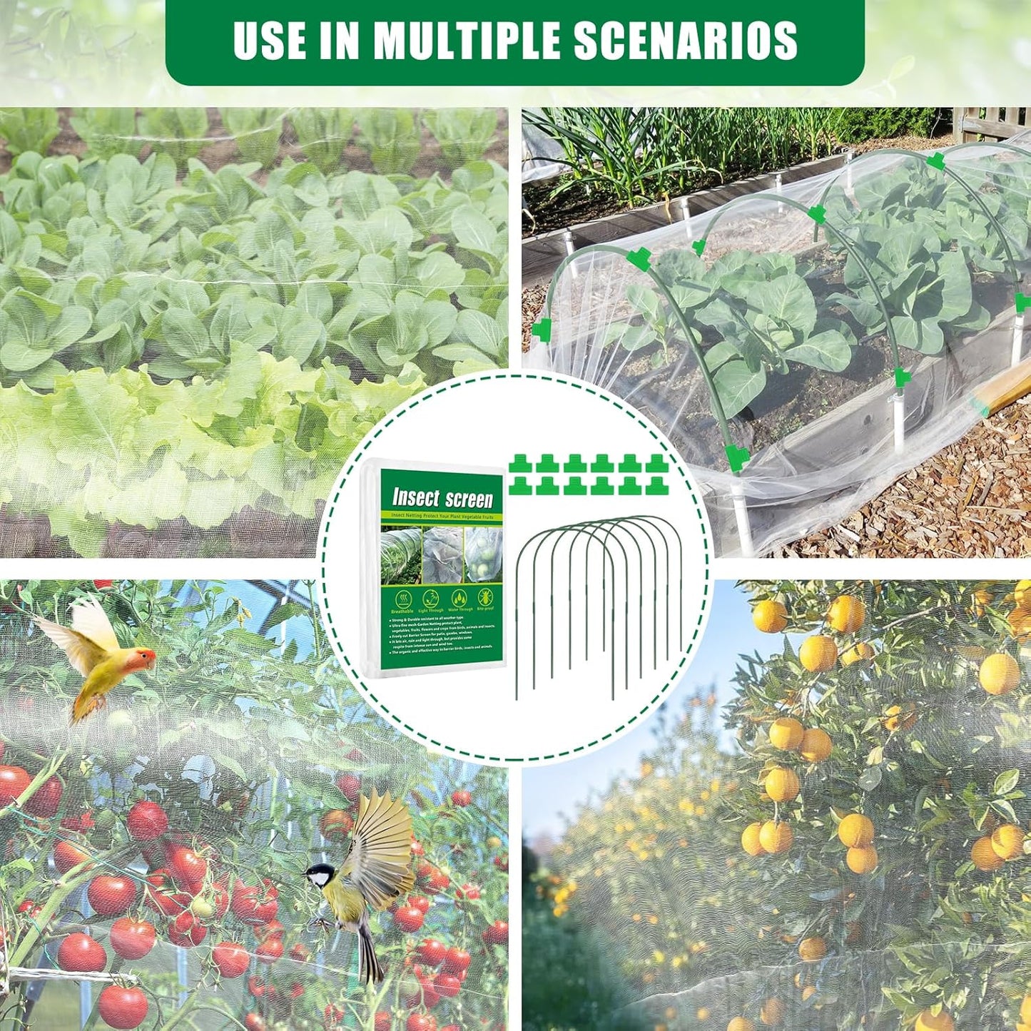 10 X 50 FT Garden Mesh Netting Kit Pest Barrier for Raised Beds, Fruit Tree Netting with 10 Sets Garden Hoops & 20 Clips for Cicadas Bird Insect, Blueberry Bush Netting Cover for Garden Protection