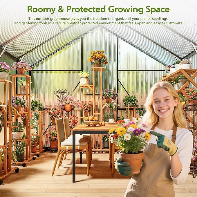 Wanan 12x8FT Greenhouses for Outdoors, Quick Assembly Polycarbonate Green House with UV Protection, Heavy Duty Windproof Aluminum Frame, Adjustable Roof Vent for Backyard or Outdoor Garden Use