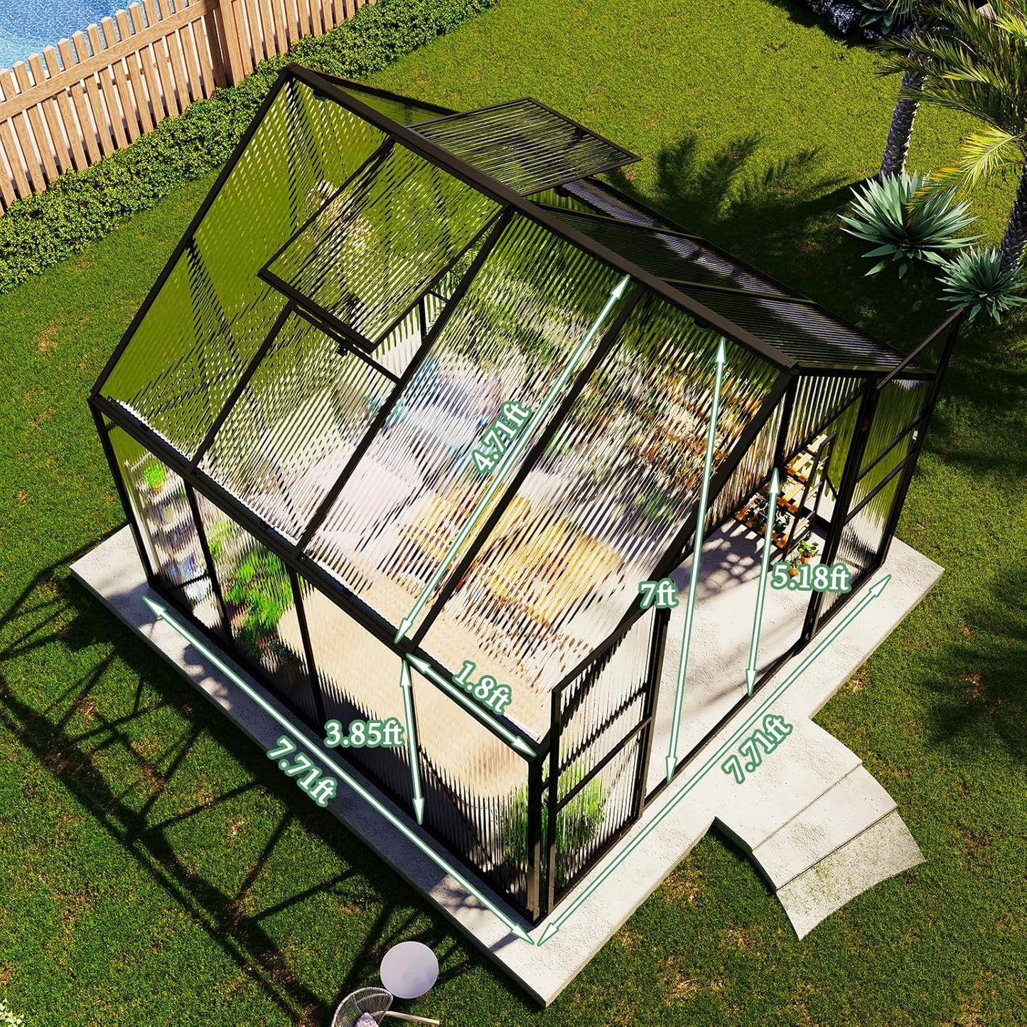 Amerlife 8x8x7 FT Outdoor Polycarbonate Greenhouse, Walk-in Aluminum Frame Design with Two Windows & Swing Door, Durable Garden Structure in Black