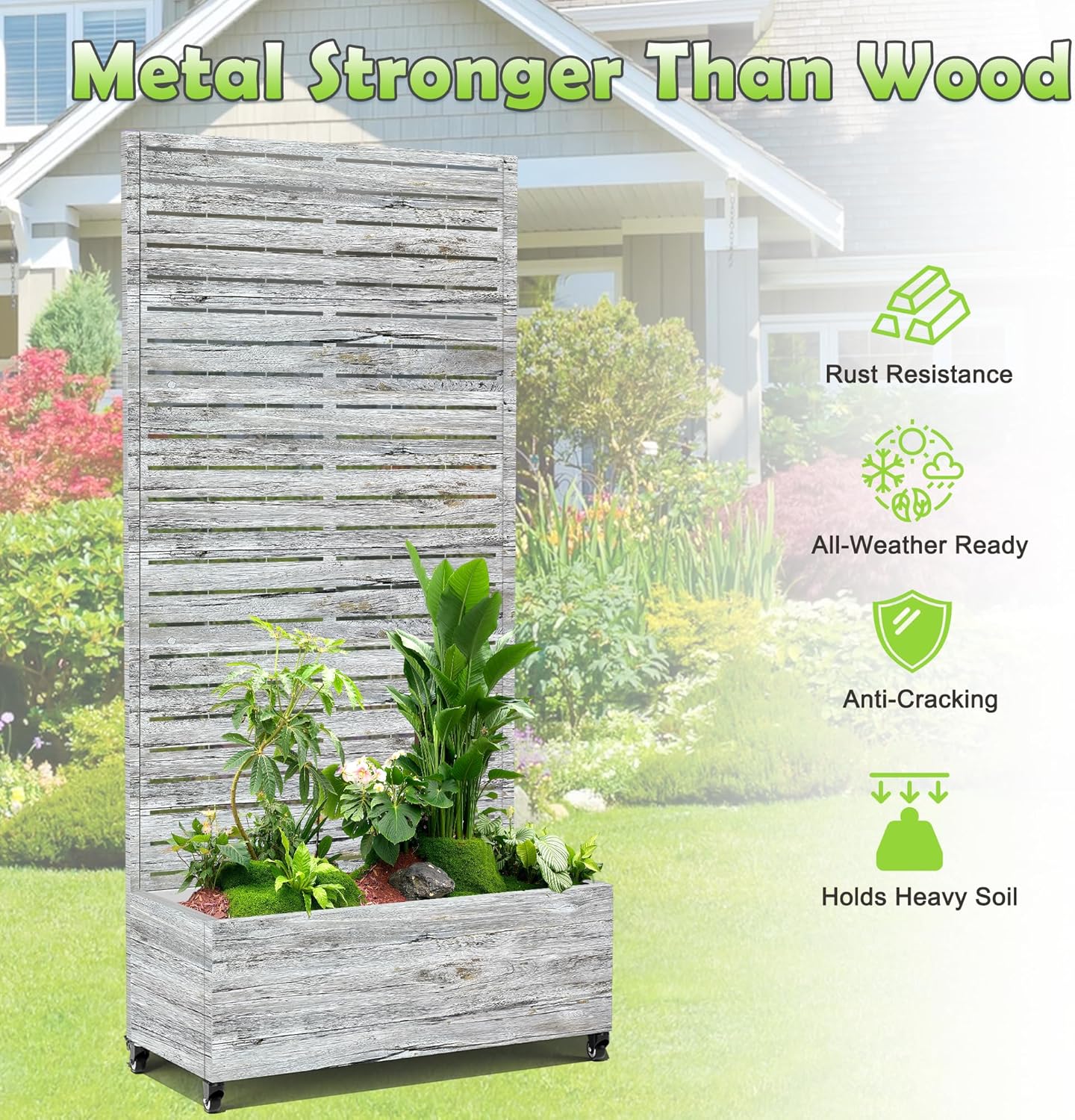 15.7"×70.9"×35.4" Metal Raised Garden Bed with Trellis and Wheels - Tall Trellis Planter Box for Climbing Plants, Vegetables & Vines - Outdoor Privacy Planters for Patio (White Oak Grain)