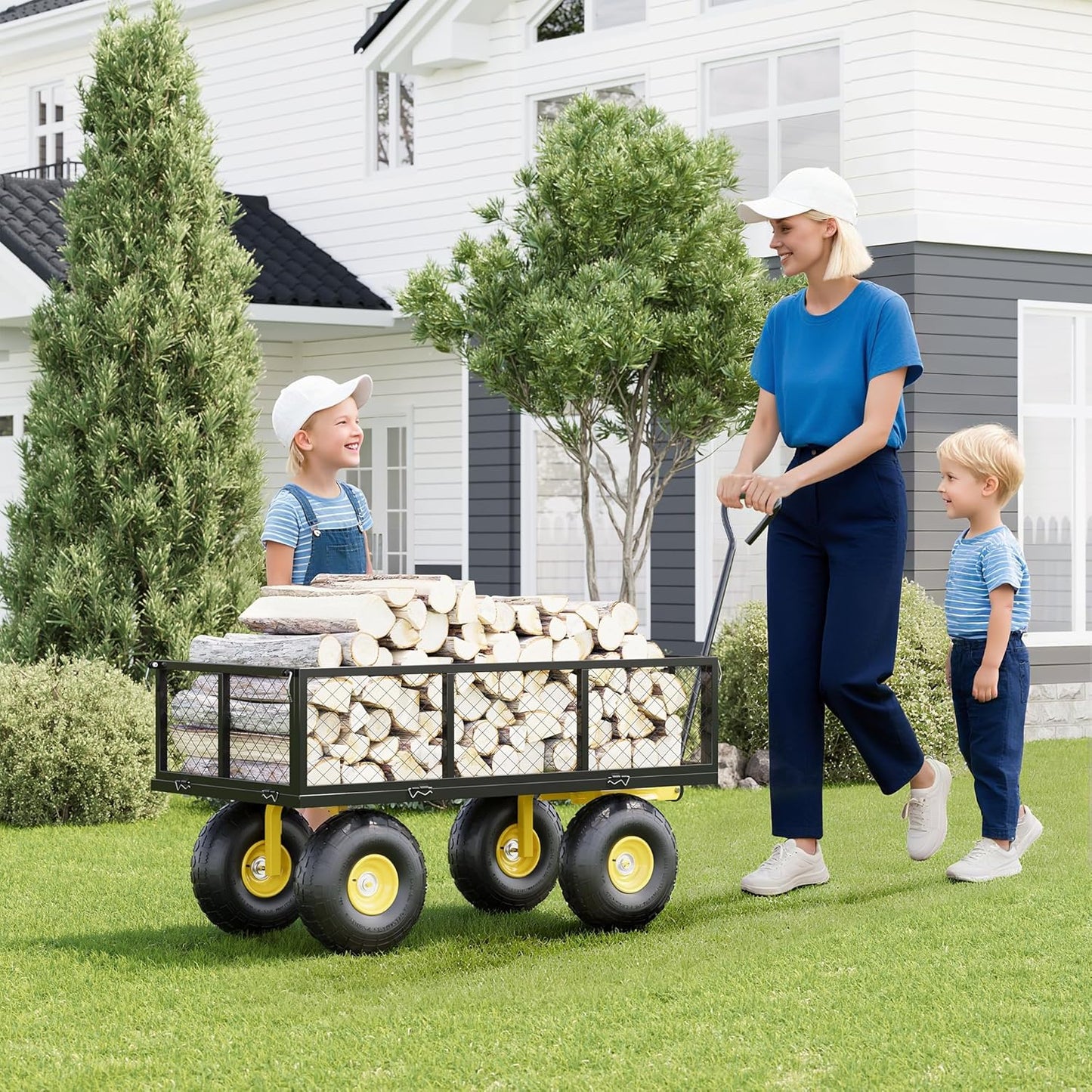 Metal Wagon - 900lbs Garden Cart with 10" Multi-Terrain Tires, 4 Removable Mesh Sides & 180° Swivel Handle, Yard Wagon Cart for Lawn, Yard, Patio Gardening