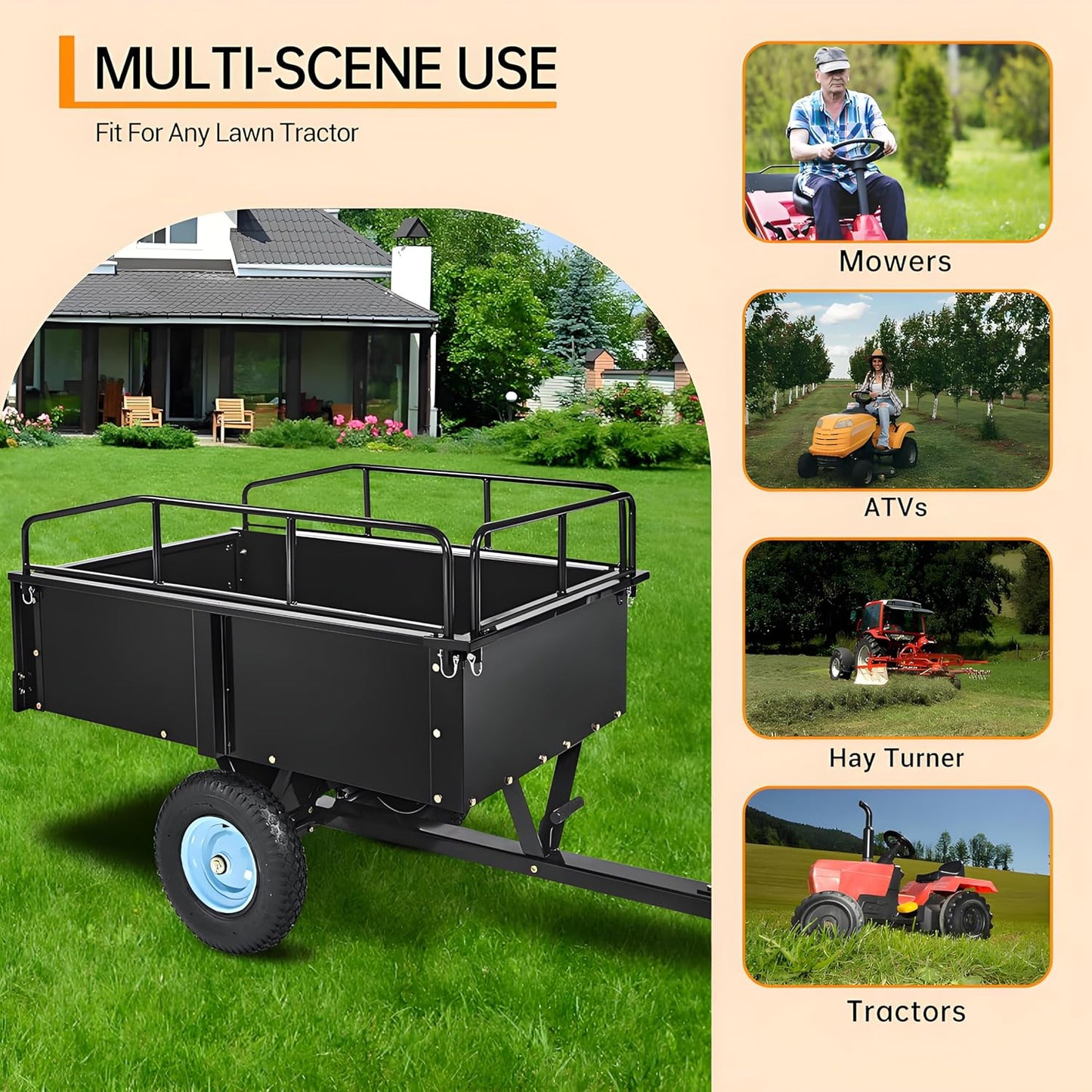 GarveeLife Utility Trailer, ATV Steel Garden Trailer, 750 Lbs 15 Cu.Ft. with Removable Sides, Pneumatic Tires and Quick Dump Pull Back, Heavy Duty Lawn Mower Trailers for Lawn Mowers, Tractors, Farm