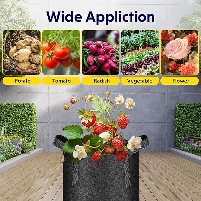 iPower 5-Pack 3 Gallon Plant Grow Bags Thickened Nonwoven Aeration Fabric Pots Heavy Duty Durable Container, Strap Handles for Garden, Black