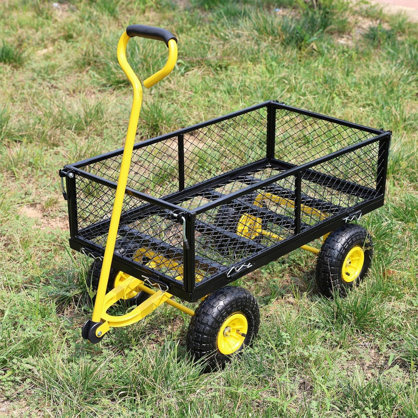 Steel Garden Cart 400 lbs Capacity with Removable Steel Mesh Sides to Convert into Flatbed, Utility Metal Wagon 180°Rotating Handle Multi-Purpose