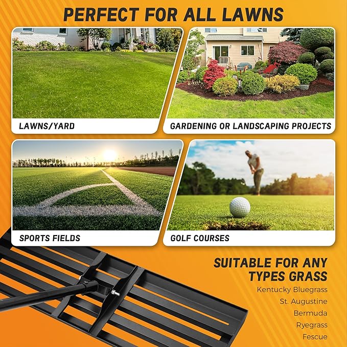 Lawn Leveling Rake 30''x10'' , Lawn Leveler Tool with 78'' Stainless Steel Handle Rakes, for Backyard, Garden, Golf Course, Farm, Pasture, Lawns Heavy Duty Landscape Rake