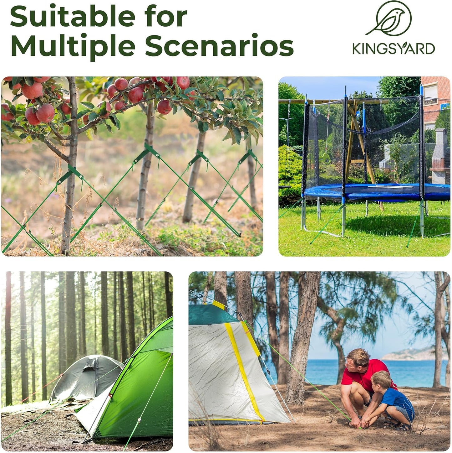 Kingsyard Tree Stakes and Supports, 16 Inch 3 Pcs Steel Heavy Duty Tree Stake Kit for Leaning Young Trees Straightening Kit Against Bad Weather, with 6Pcs Straps & 6Pcs 13ft Anchor Ropes