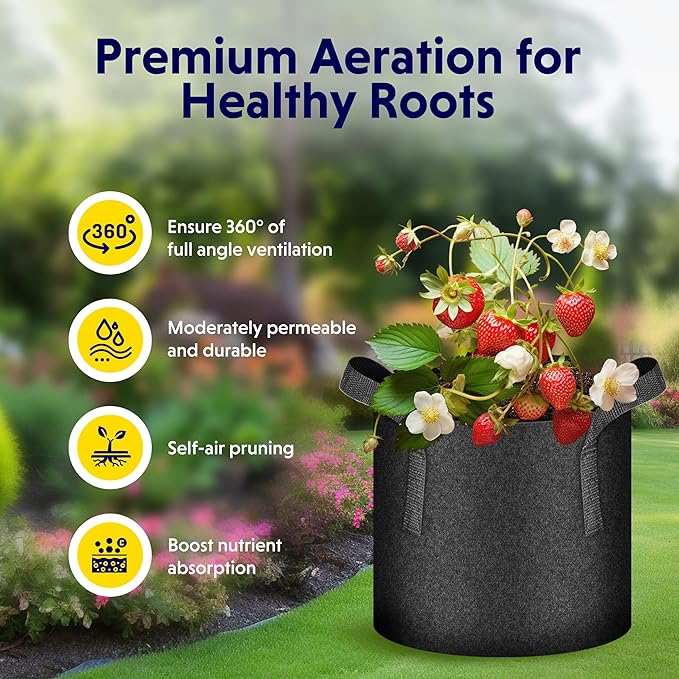 iPower 5-Pack 3 Gallon Plant Grow Bags Thickened Nonwoven Aeration Fabric Pots Heavy Duty Durable Container, Strap Handles for Garden, Black
