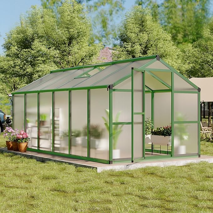 8x12 FT Greenhouse, Easy Assembly Aluminum Polycarbonate Greenhouses for Outdoors with Roof Vent, Large Aluminum Walk-in Greenhouse for Sunroom Patio, Backyard, Garden, Sliding Lockable Door, Green