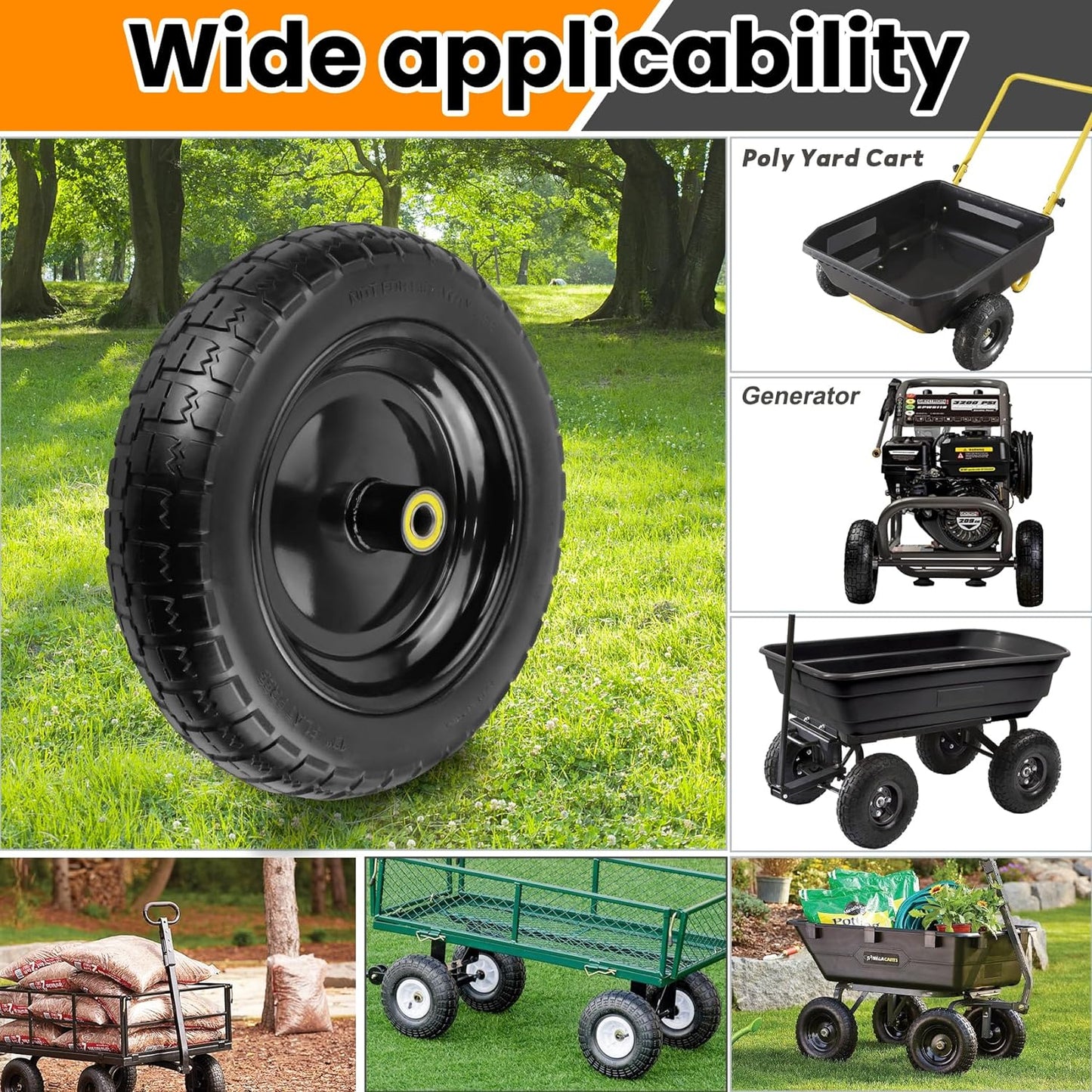 13" Flat Free Wheels Replacement for GOR Garden Cart Tires, 4.00-6 Solid Tires with 5/8"Bearings, 13" No Flat Wheels for GOR Garden Carts/Hand Trucks/Garden Carts