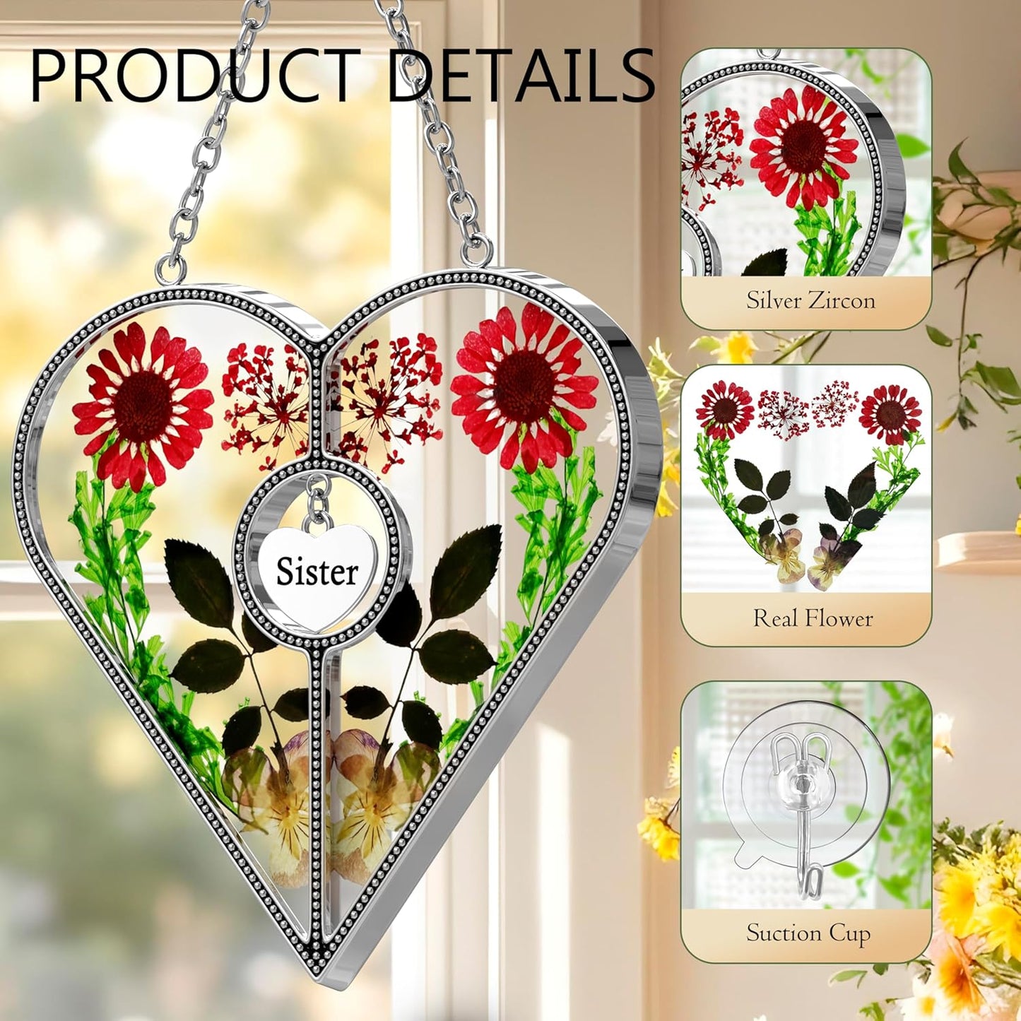 KY&BOSAM Heart Suncatcher for Windsows Hangings Sister Gifts Stained Glass Wind Chime with Pressed Real Flower in Glass with Metal Sister Heart Charm Birthday Gift for Women Mothers Day Christmas