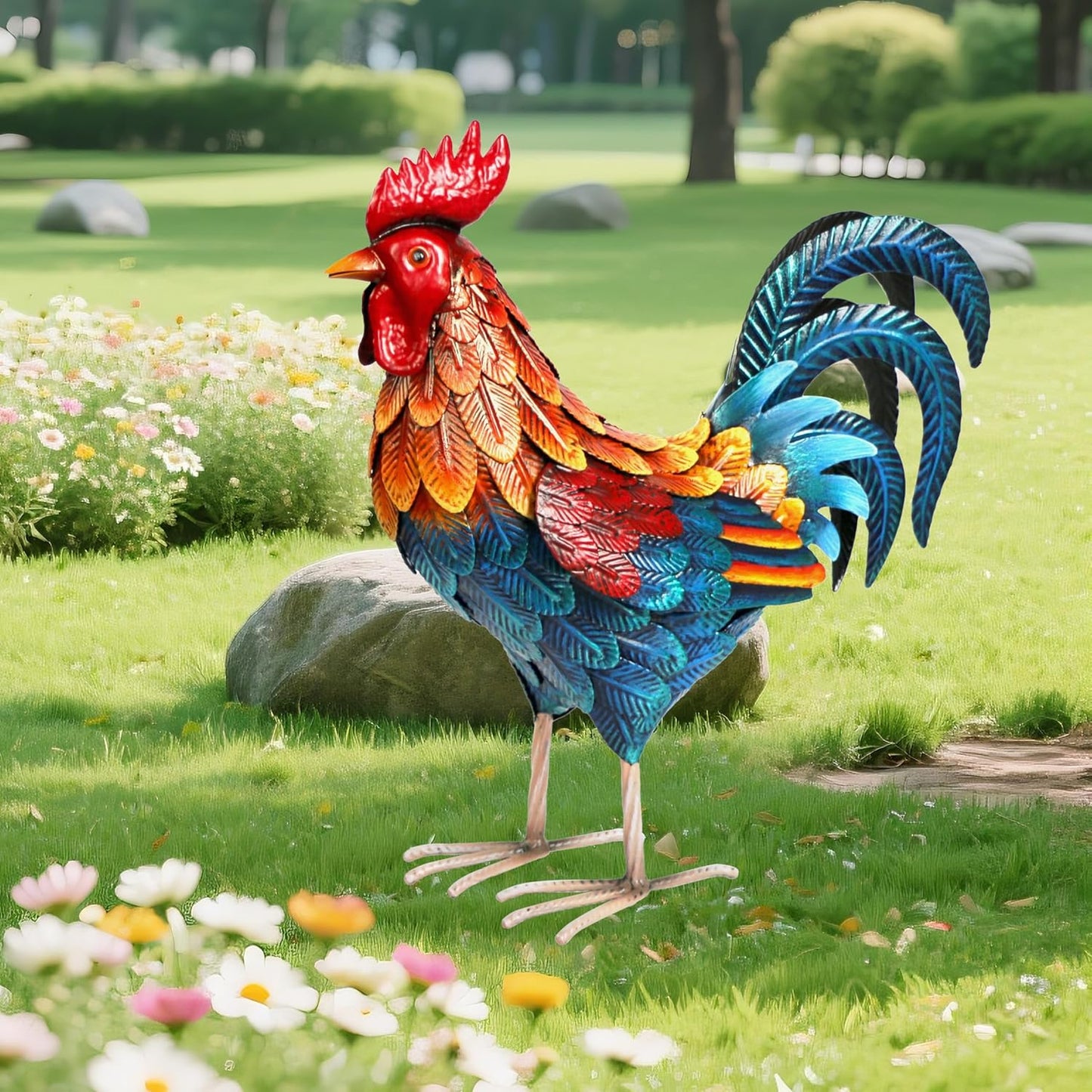 Shorayn Metal Rooster Statues Outdoor Garden Decor Metal Chicken Sculptures & Statues Chicken Ornaments Yard Art for Backyard Patio Lawn Decorations