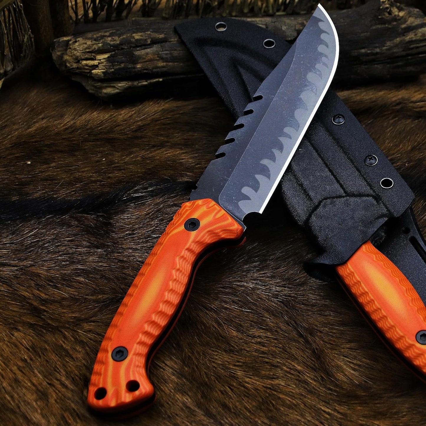 BA-KOR 12.4in Full Tang Fixed Blade Hunting Knife – 6mm 9CR18MoV Steel, G10 Handle, Stonewashed Sawback Blade with Kydex Sheath & Fire Starter for Outdoor, Camping, Survival (Orange with light yellow stripes)