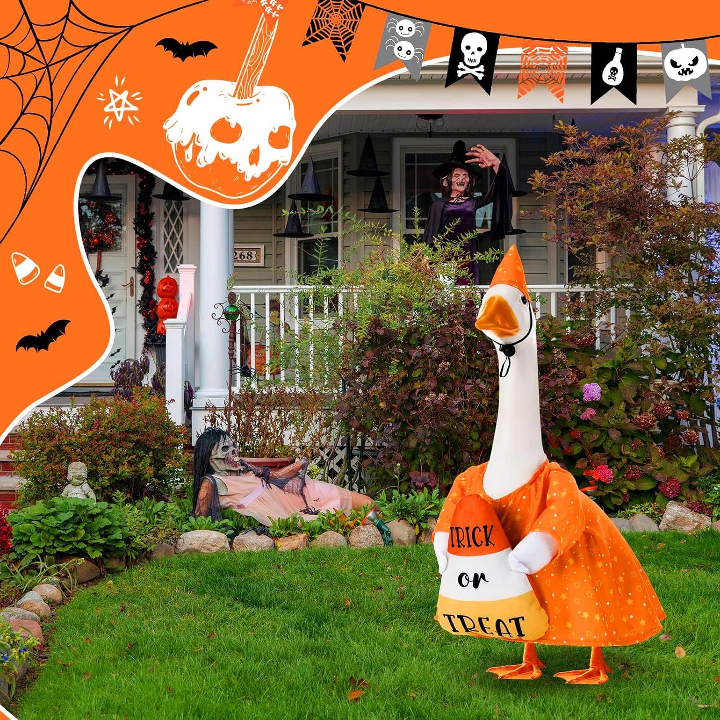 Sanwuta 1 Set Halloween Porch Goose Outfit Candy Corn Pillow Design with Hat for 23" Lawn Cement Goose Porch Geese Clothes Costume for Halloween Garden Patio Yard Outdoor Decorations