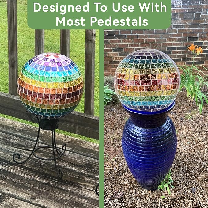 Lily's Home Colorful Mosaic Glass Gazing Ball, Designed with a Stunning Rainbow Holographic Mosaic Pattern to Bring Color to Any Home and Garden. 10 Inches Diameter