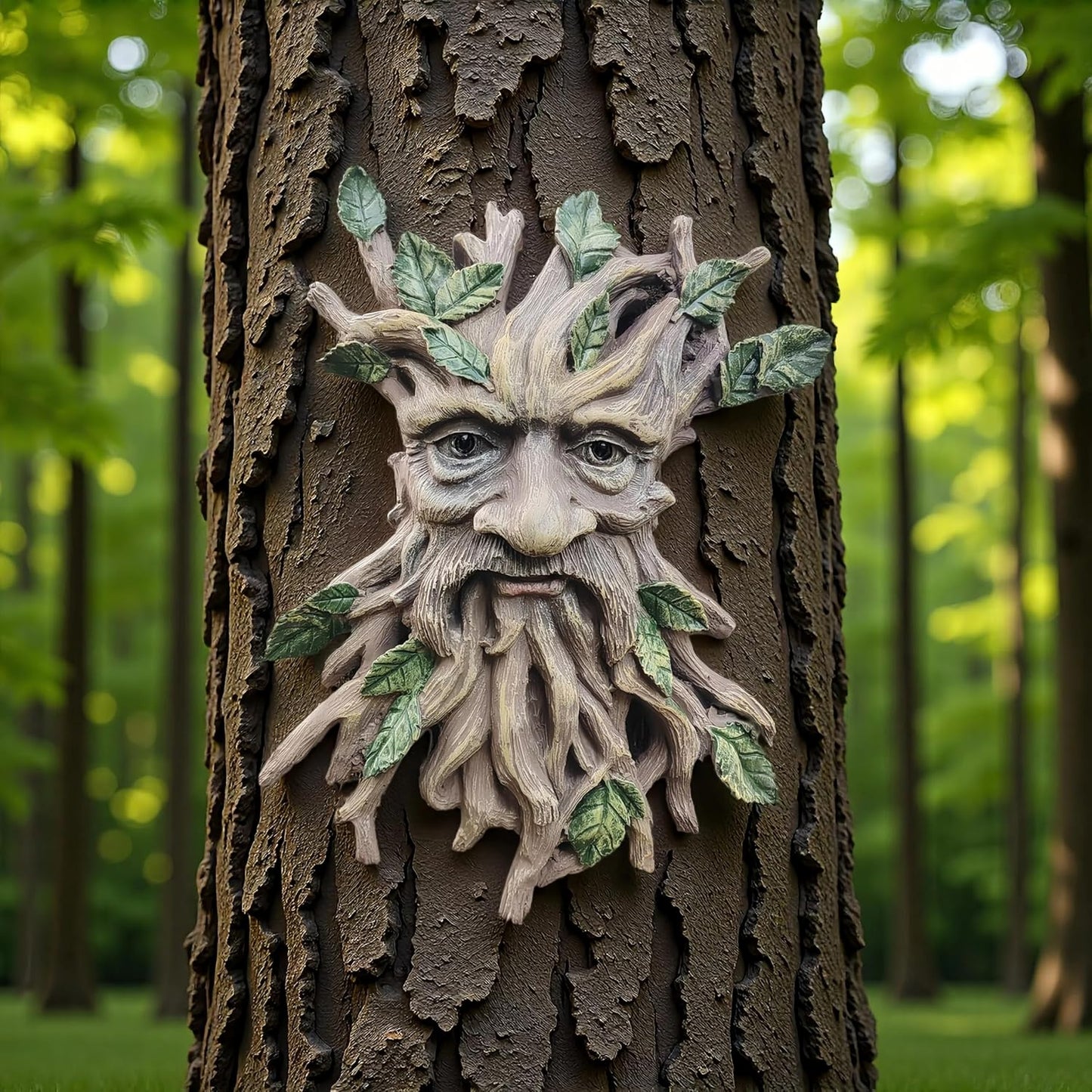 Whimsical Tree Face Garden Decoration ,Tree Faces Decor Outdoor Wallmounted Statue Art with Leaf Features, Outdoor Decor Garden Accessory (Nature and Outdoors)
