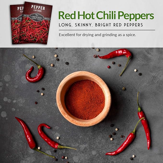 Survival Garden Seeds - Red Cayenne Pepper Seed for Planting - 3 Packets with Instructions to Plant and Grow Hot Chili Peppers in Your Home Vegetable Garden - Non-GMO Heirloom Variety - Chili Seed