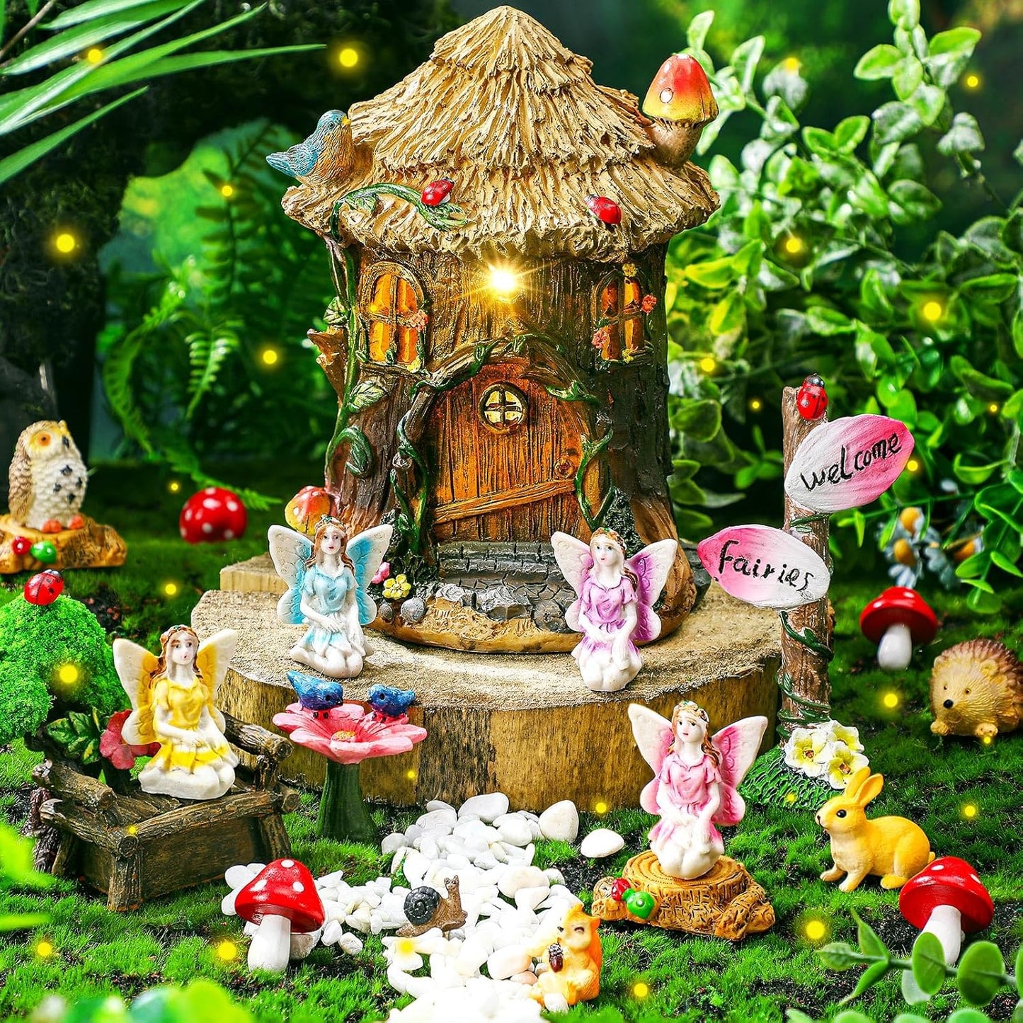 Leyndo 28 Pcs Solar House Garden Accessories Fairy Light up Fairy Figures Garden Kit Resin Miniature Mushroom House Figures Micro Landscape Ornaments(Retro)