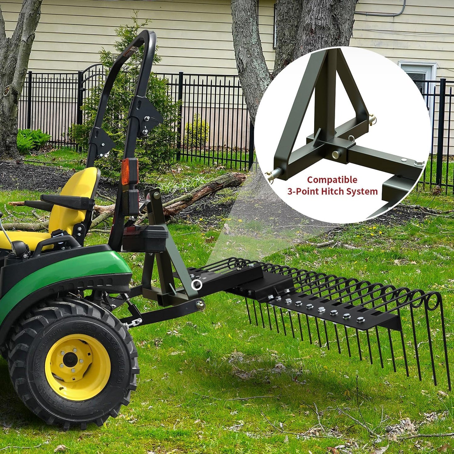 5FT Durable Pine Straw Rake Steel Spring Landscape Rake Fits 2" Receiver for Lawn Tractors or ATV/UTV,Black