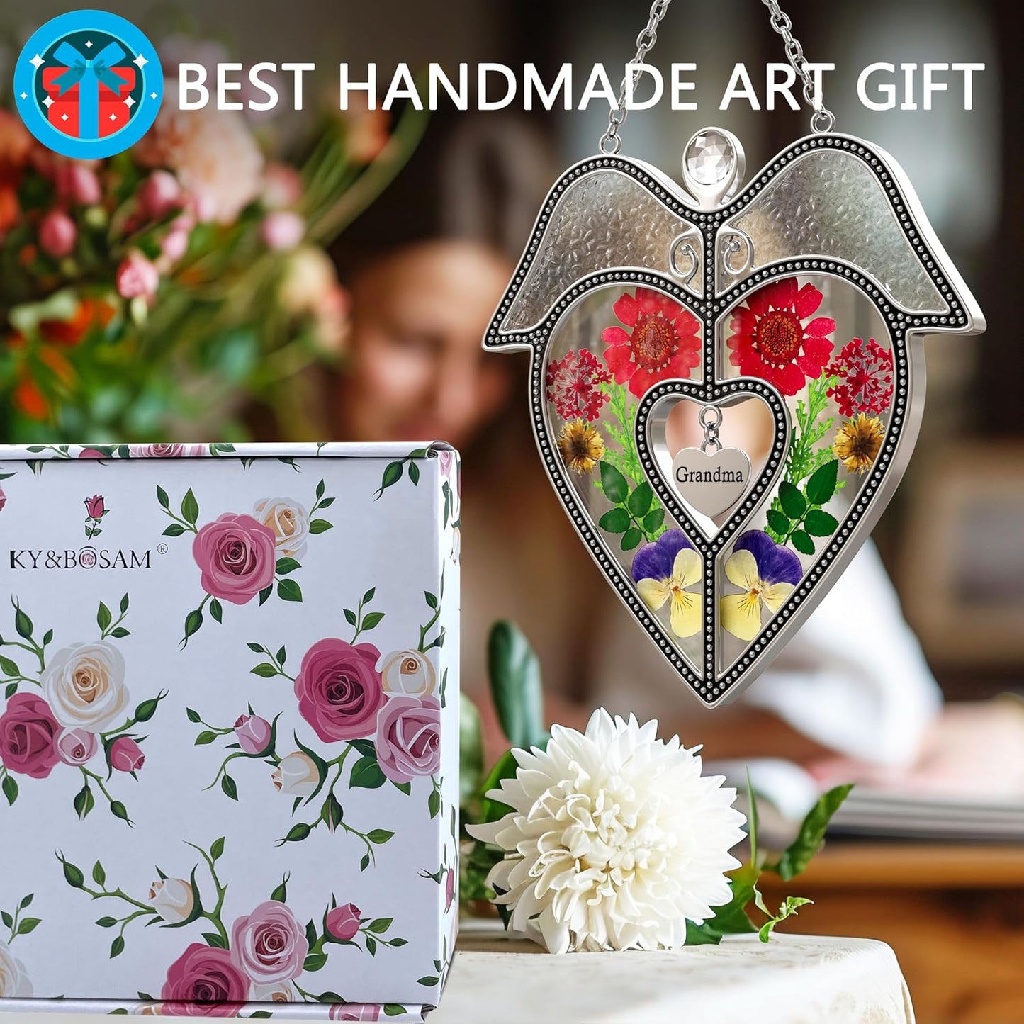 KY&BOSAM Angel Heart Suncatcher Grandma Gifts Stained Glass for Windows Hangings Wind Chime Ornaments with Pressed Real Flower and Metal Heart Charm Birthday Gifts for Women Mother`s Day Christmas