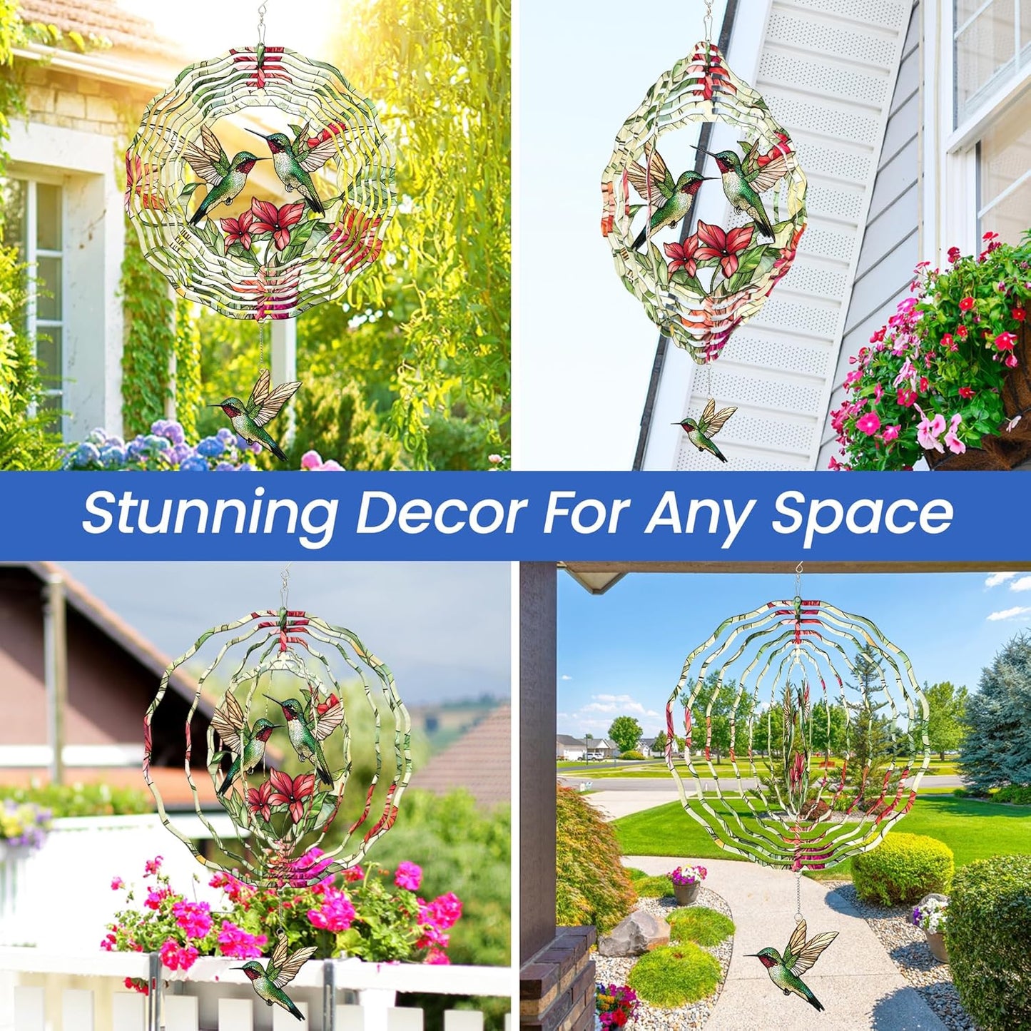 FLAGWIX Christmas Hummingbird Gifts for Women - 3D Stainless Steel Metal Wind Spinners 12in - Hummingbird Wind Spinner Yard Decorations Outdoor Indoor Hanging Garden Decor, Christmas Decorations