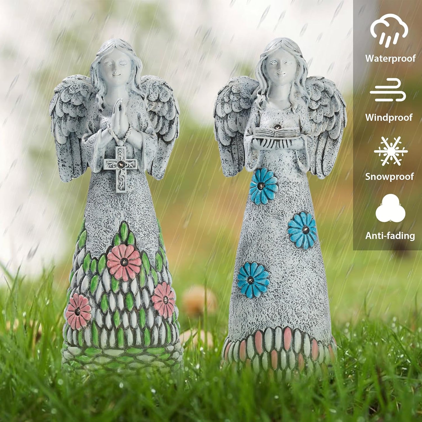 TERESA'S COLLECTIONS Angel Garden Statues with Solar Outdoor Light for Garden Decor, 2 Pack Resin Angel Grave Cemetery Decorations for Outdoor Decor, Memorial Angel Yard Decor Gifts for Mom, 11”