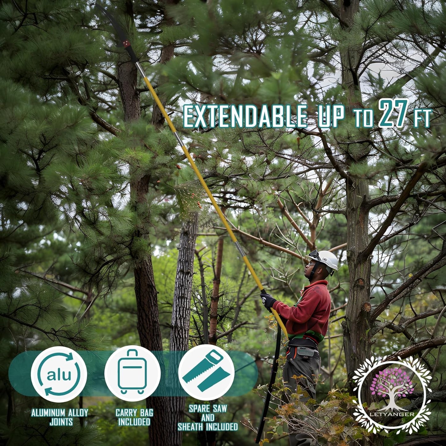 Pole Saws for Tree Trimming, 7.3-27 ft Extendable Tree Trimmers Long Handle Pruner, Sharp Steel Blade and Scissors High Branches Trimming, Tree Pruner, Tree Saw (7.3-27 ft with Scissors)