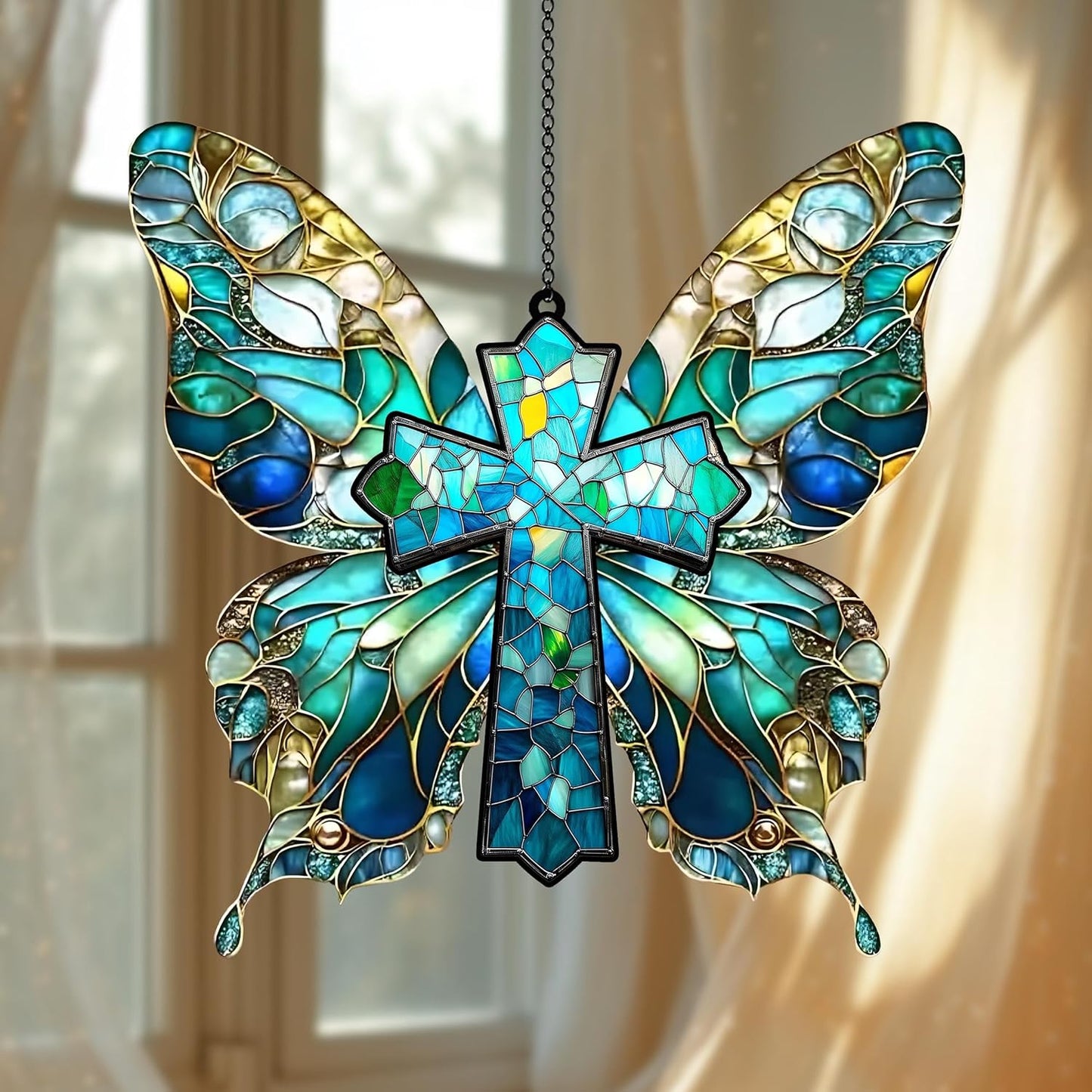 Butterfly Cross Acrylic Suncatcher Window Hanging Blue Christian Home Decor Religious Wall Art Gift
