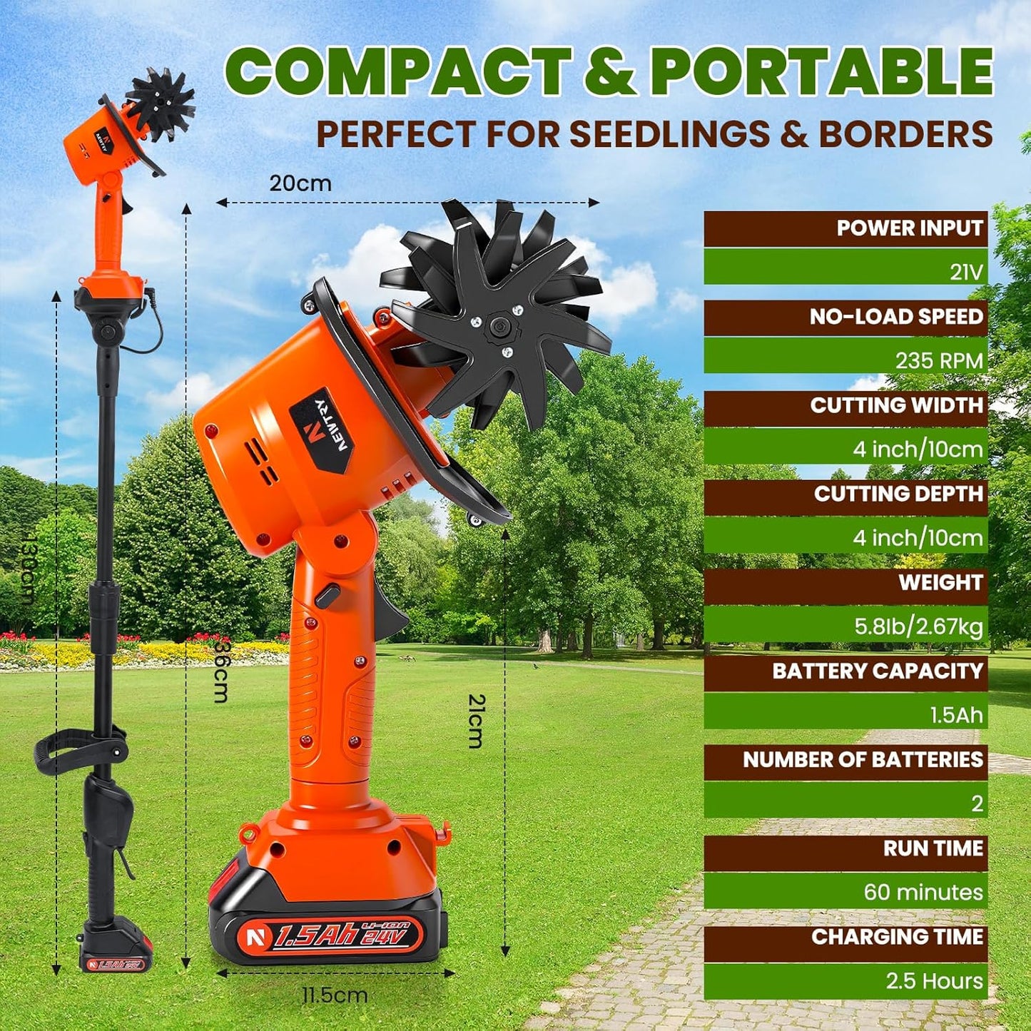 NEWTRY Cordless Electric Tiller Handheld & Extended Rod Dual Modes, 4'' Tilling Depth & Width, with 2x1500mAh Batteries for Small Scale Garden, Raised Beds