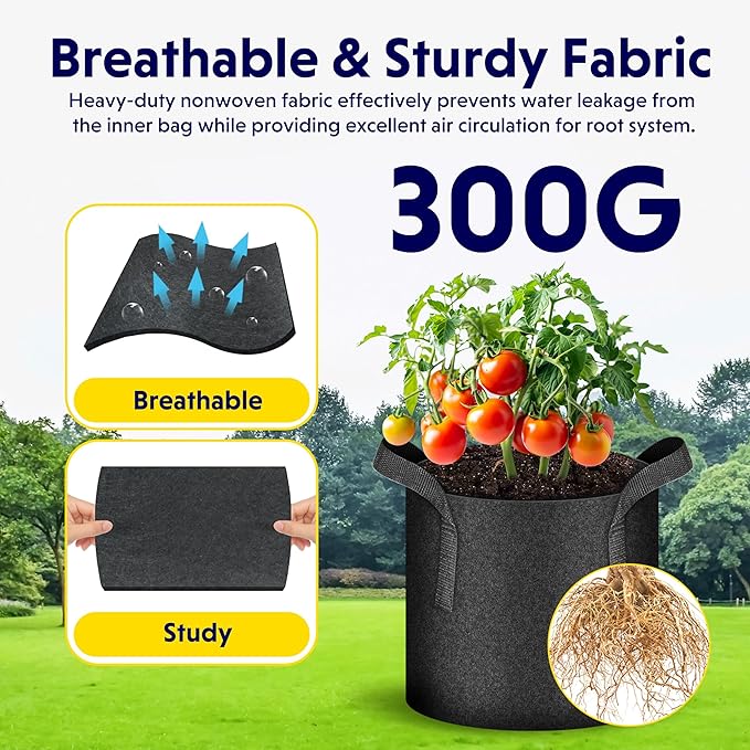 iPower 5 Pack 3 Gallon Grow Bags Heavy Duty 300G Thickened Nonwoven Fabric Plant Pots with 5 Labels & Handles for Outdoor Garden, Aeration Planter Bags for Fruits, Vegetables, Tomato & Flowers, Black
