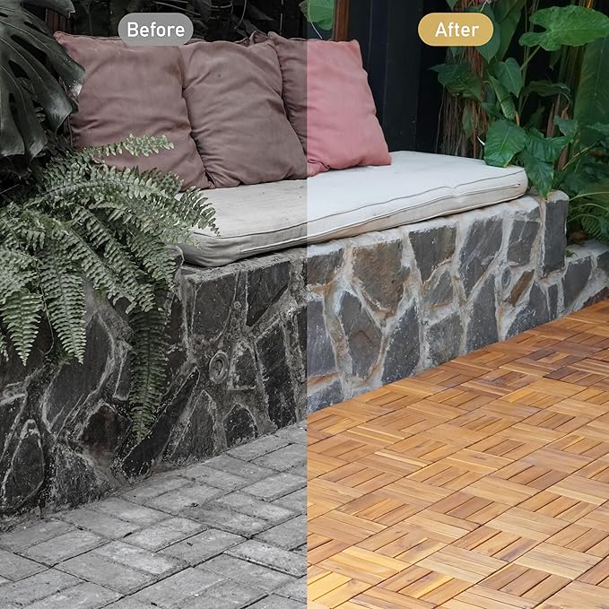 Pack of 10 Deck Tiles - 12"x12" Interlocking Natural Solid Acacia Wood for Outdoor & Indoor, Patio Garden, Balcony, Poolside - Golden Teak Color