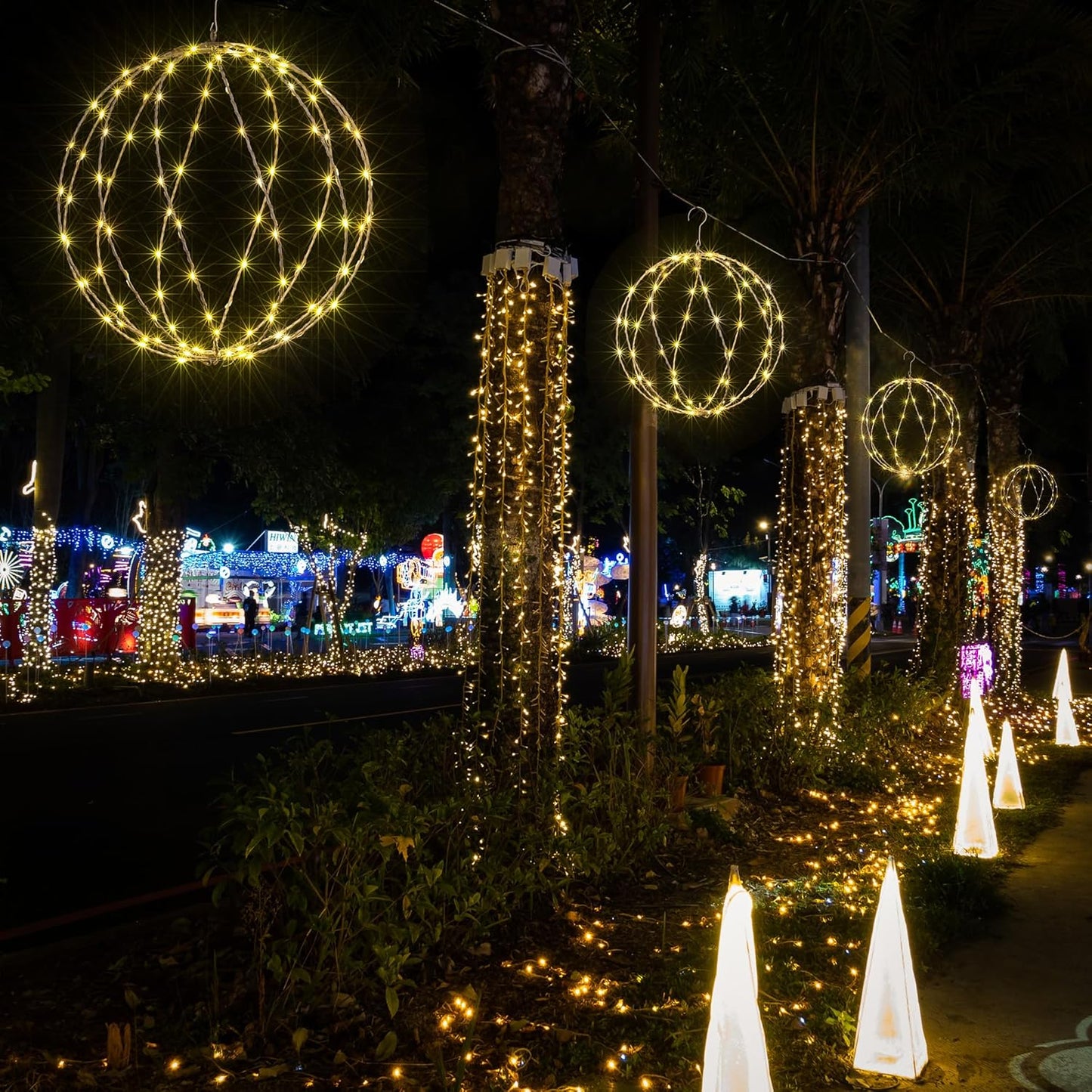 LIGHTSHARE 248LED 12IN+16IN+20IN Light Ball Yard Decoration Pathway Lights White Sphere Light Fold Flat Metal Frame Indoor Outdoor Waterproof Garden Lights, Plug in(Set of 3)