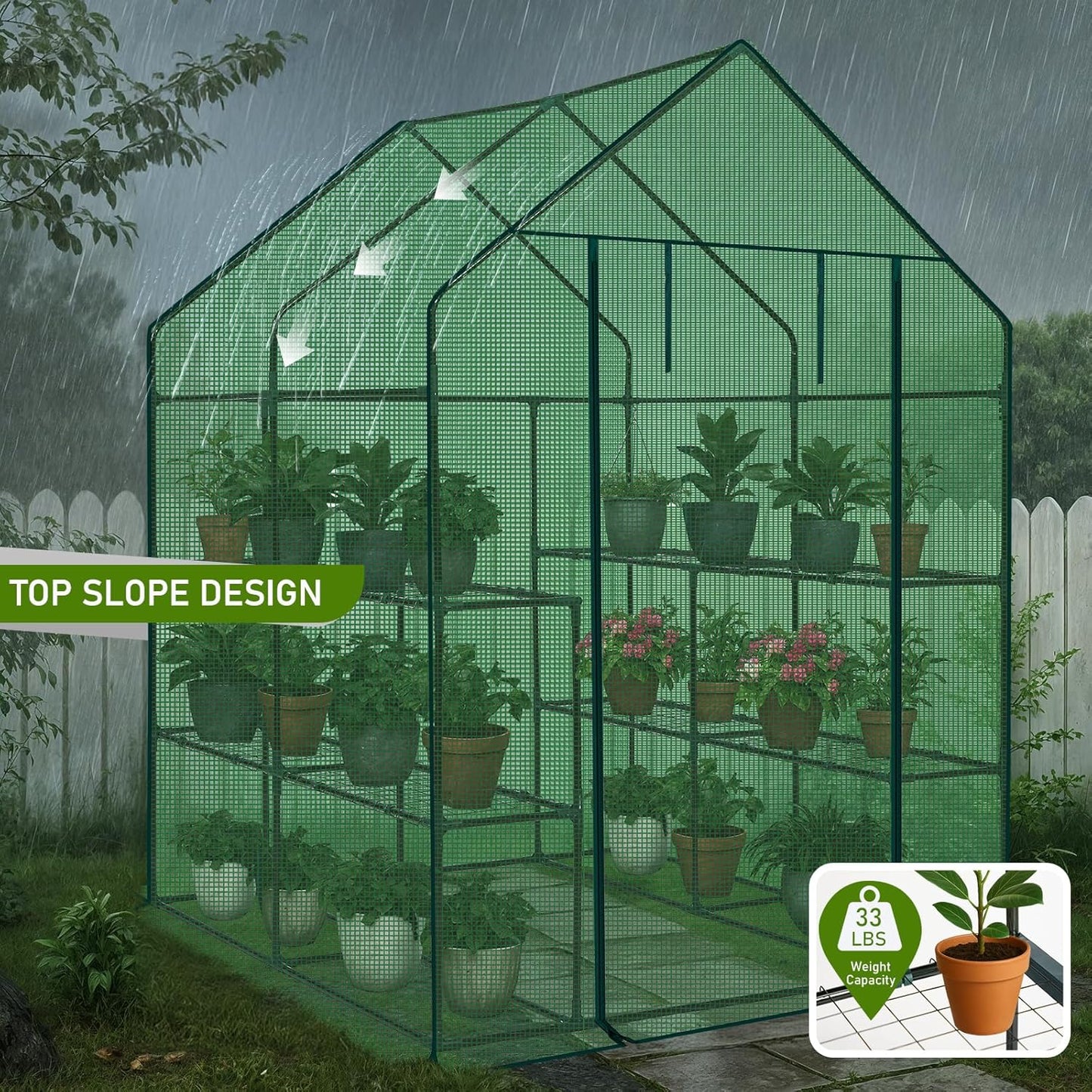 Outvita Walk-in Greenhouse, Outdoor Durable PE Plant Green House for Frost Protection with 3 Tiers 8 Shelves, Shelf Clips, Roll-up Zipper Door, 56"x56"x77" Green