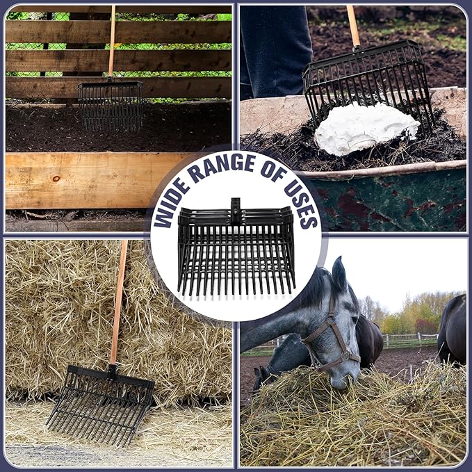 Lasnten 6 Pcs Manure Fork Replacement Head, 18 Tines Pitchfork Head with Screws and Nuts, Horse Manure Rake for Picking up Grass and Hay(Black)